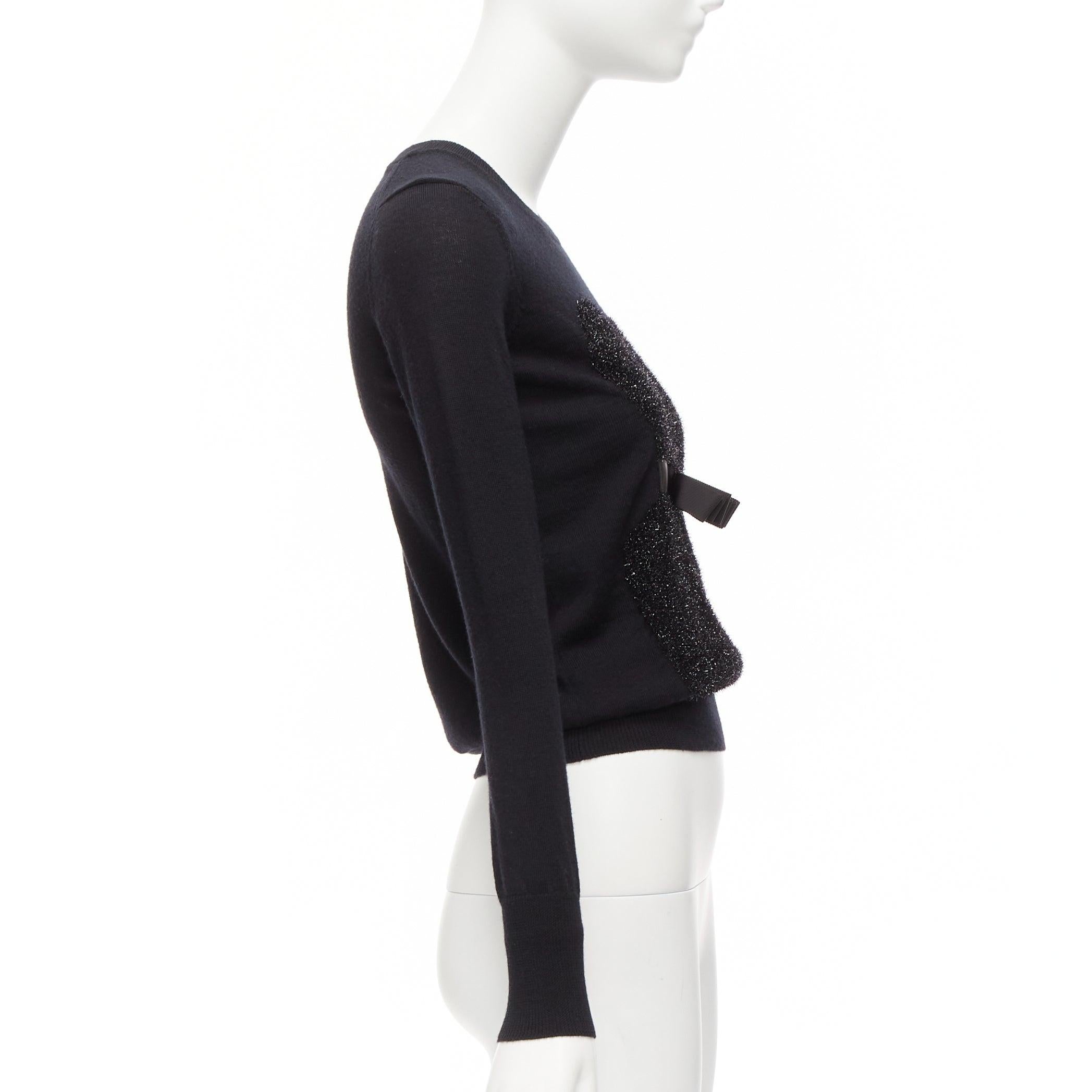 Women's MARKUS LUPFER black merino wool blend tinsel bow corset intarsia sweater XS For Sale