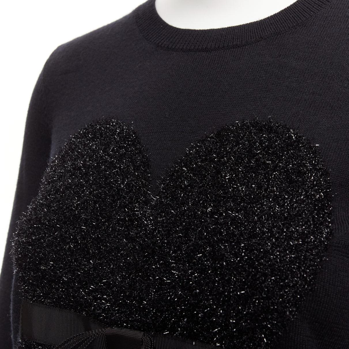 MARKUS LUPFER black merino wool blend tinsel bow corset intarsia sweater XS For Sale 3