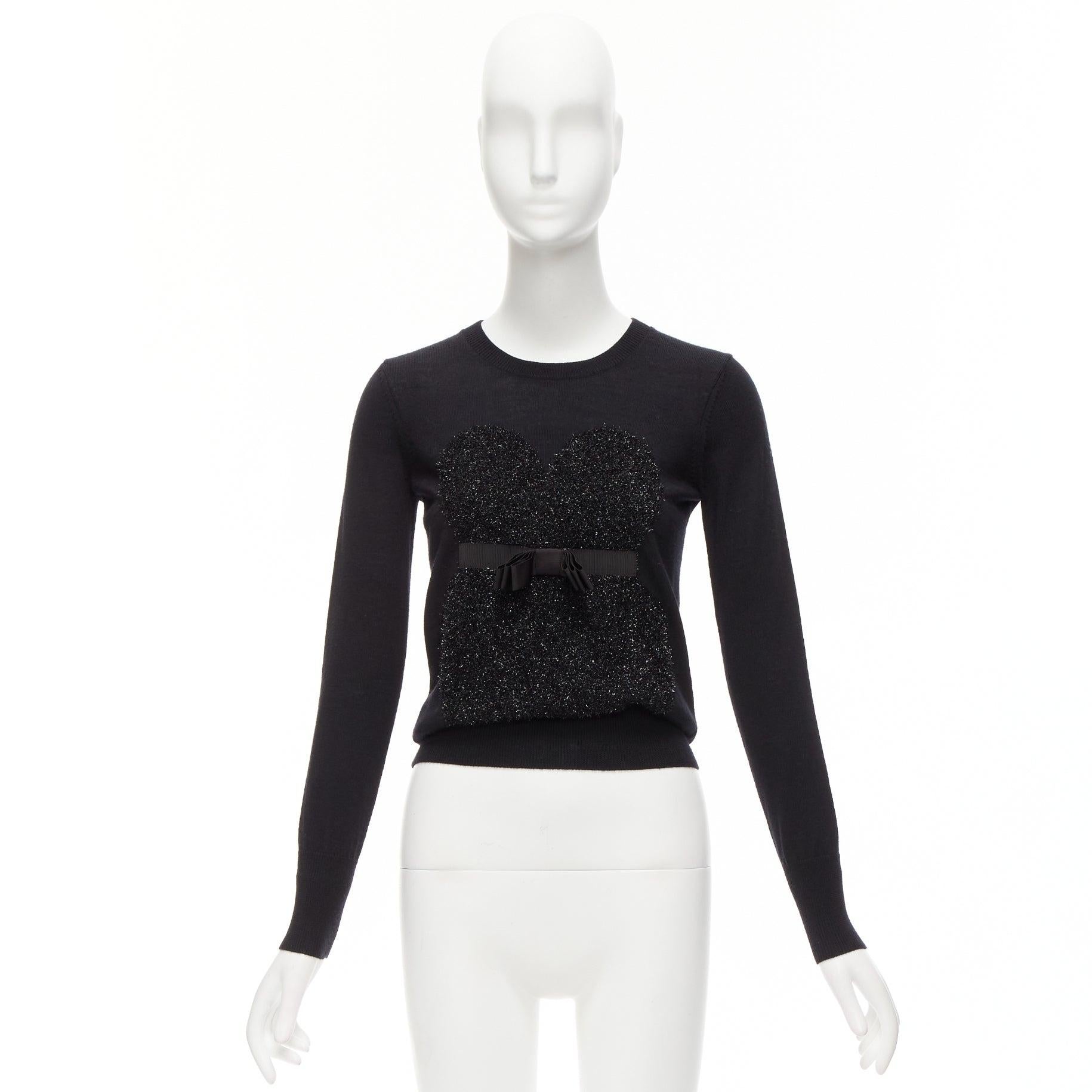MARKUS LUPFER black merino wool blend tinsel bow corset intarsia sweater XS For Sale 5