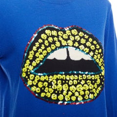 MARKUS LUPFER blue merino wool yellow sequin lip sweater S