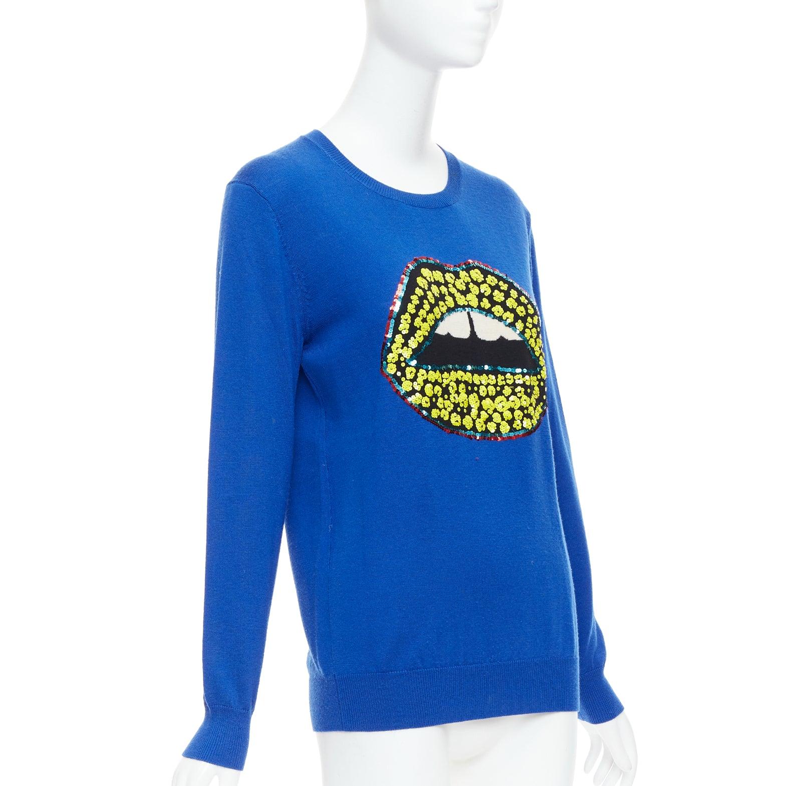 Blue MARKUS LUPFER blue merino wool yellow sequin lip sweater S For Sale