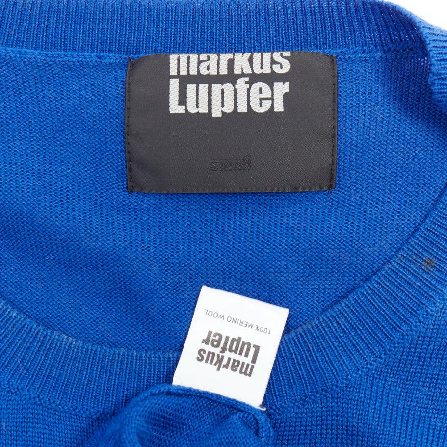 MARKUS LUPFER blue merino wool yellow sequin lip sweater S For Sale 3