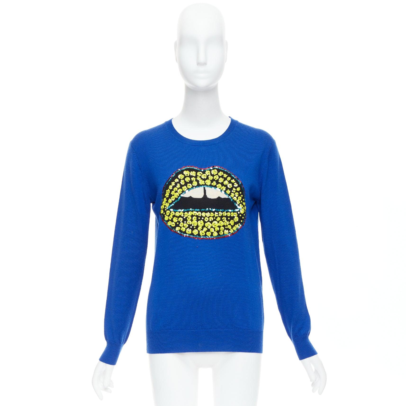 MARKUS LUPFER blue merino wool yellow sequin lip sweater S For Sale 4