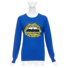 MARKUS LUPFER blue merino wool yellow sequin lip sweater S