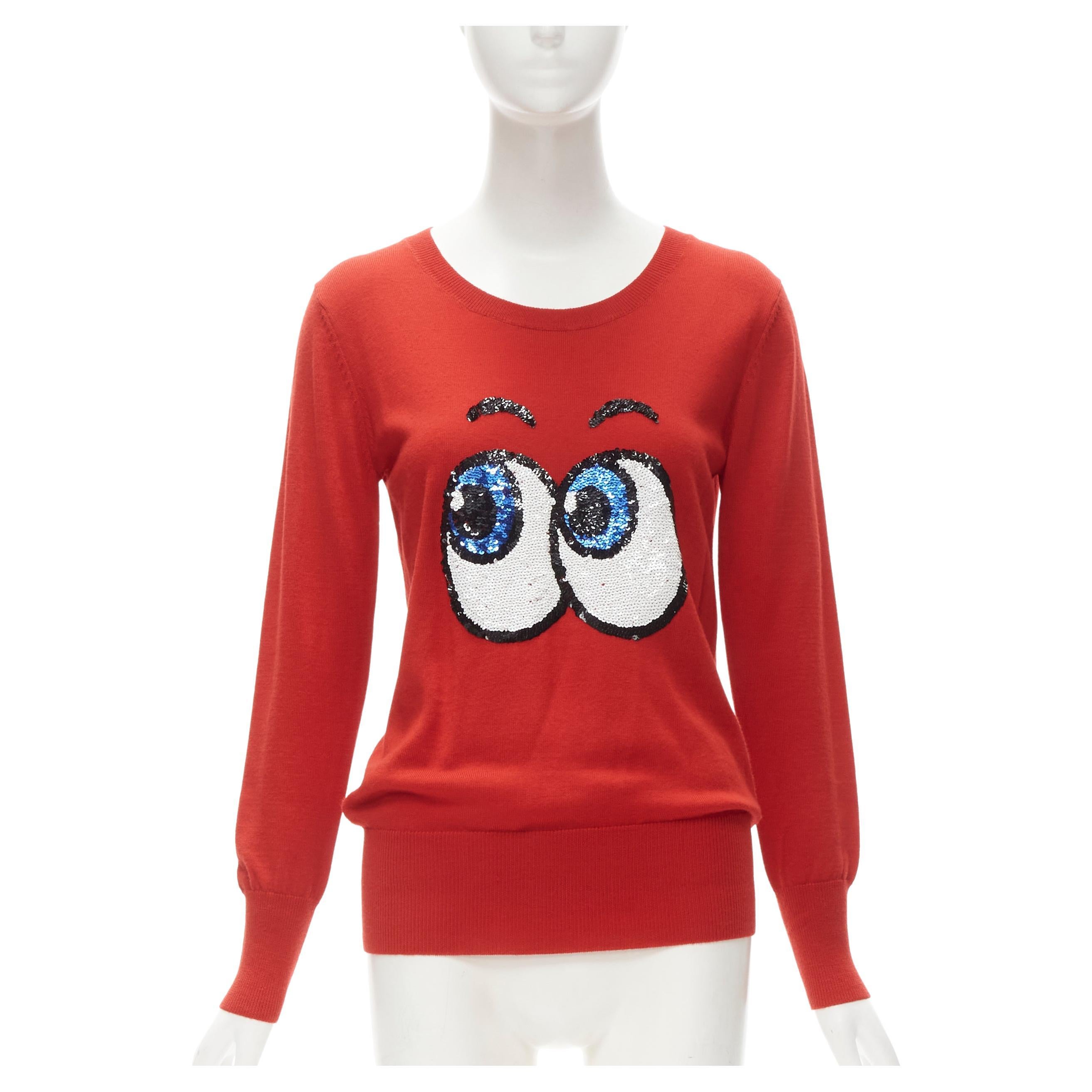 MARKUS LUPFER comic eyes sequins red pullover sweater XS For Sale