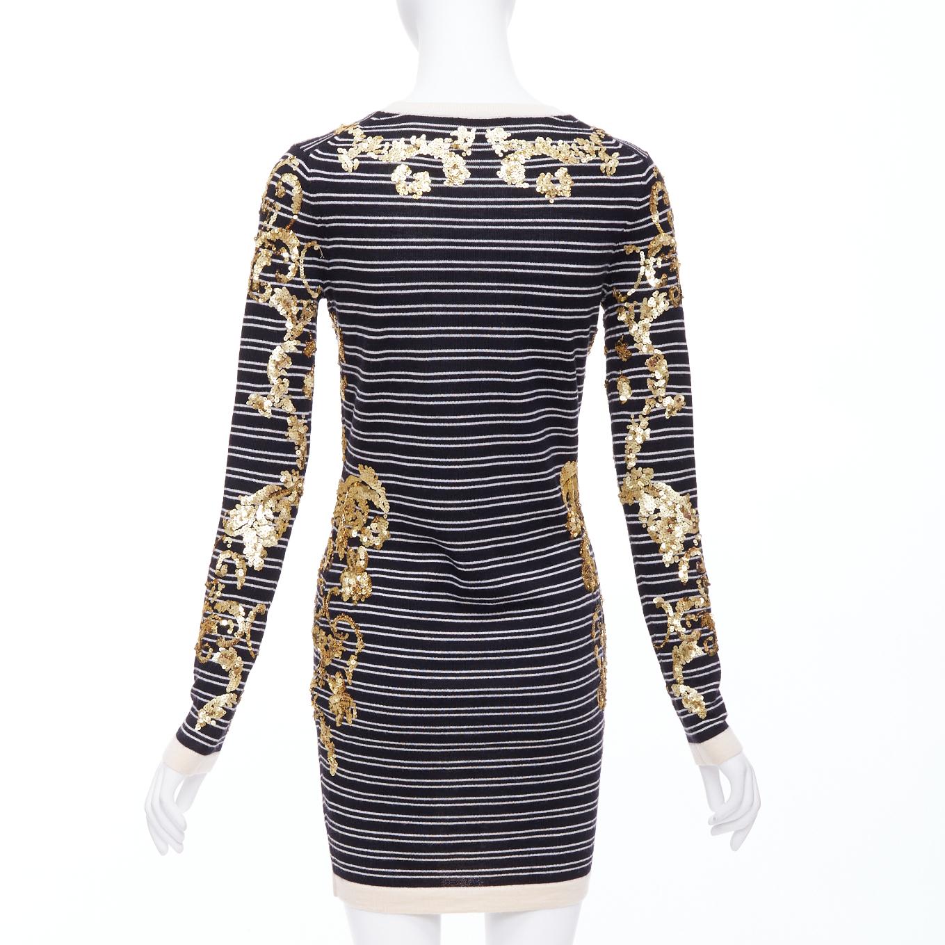 Women's MARKUS LUPFER gold sequins black 100% merino wool striped sweater dress S For Sale