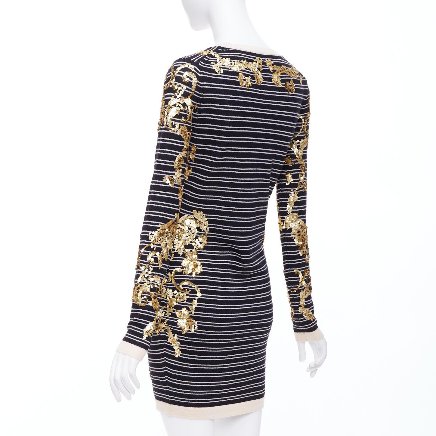 MARKUS LUPFER gold sequins black 100% merino wool striped sweater dress S For Sale 1