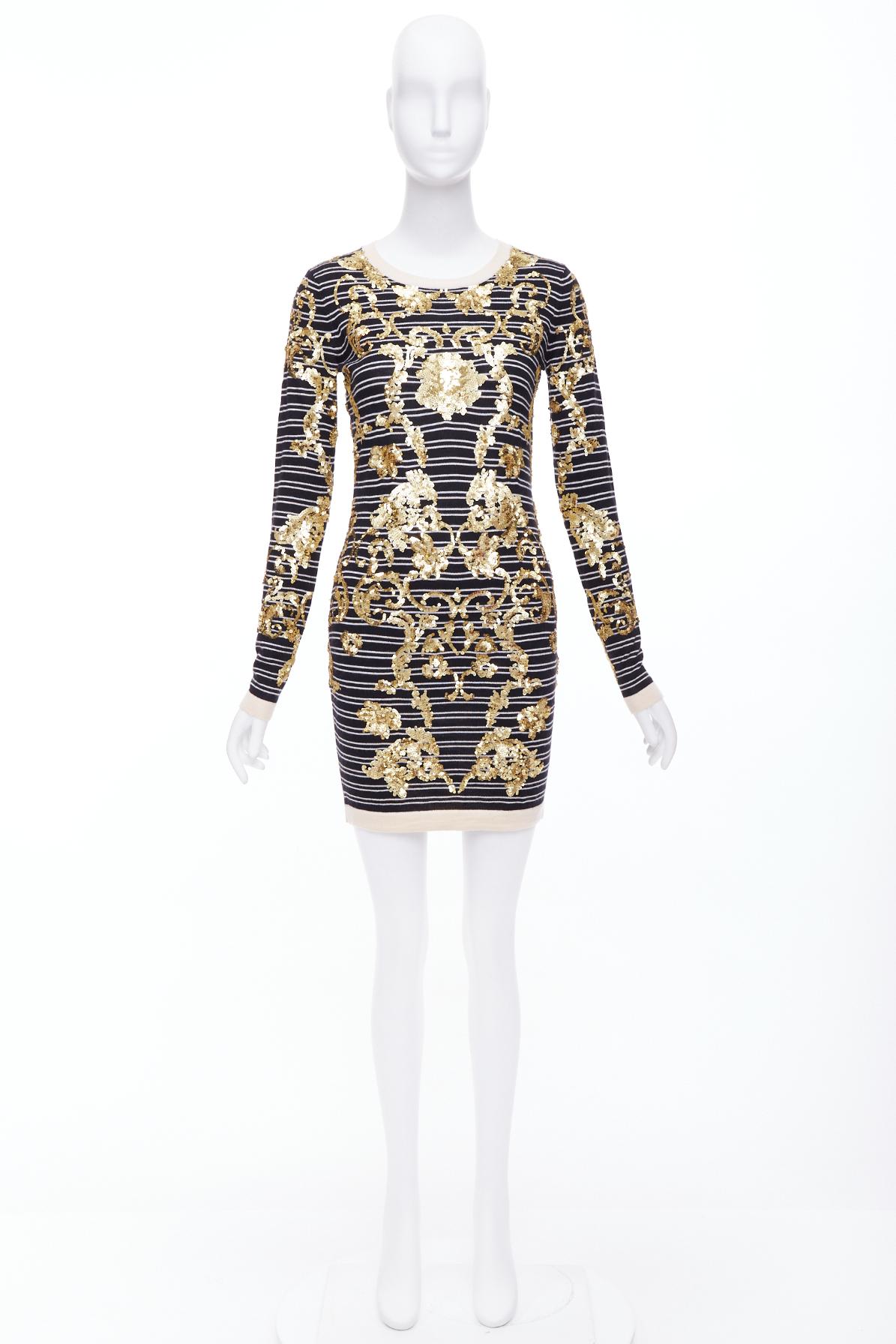 MARKUS LUPFER gold sequins black 100% merino wool striped sweater dress S For Sale 4