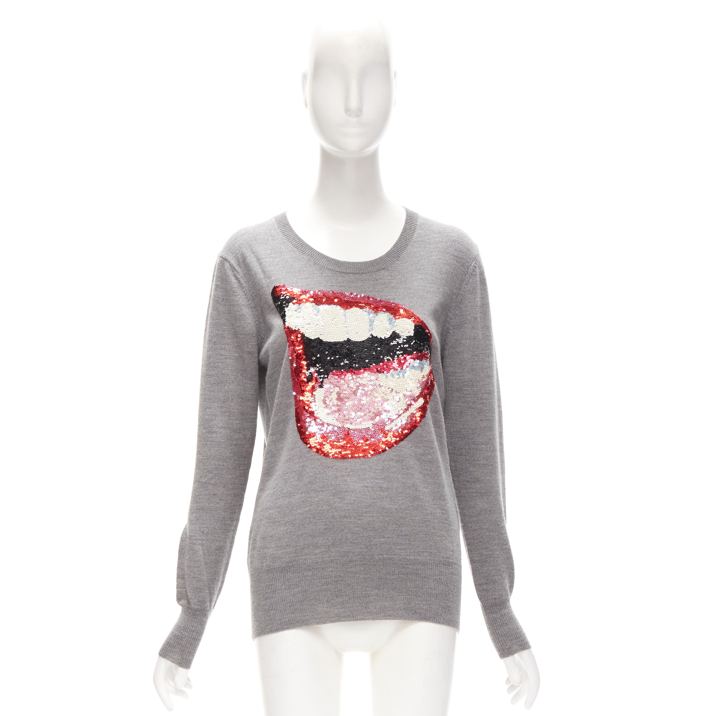 Women's MARKUS LUPFER grey knit red lips sequins sweater S For Sale