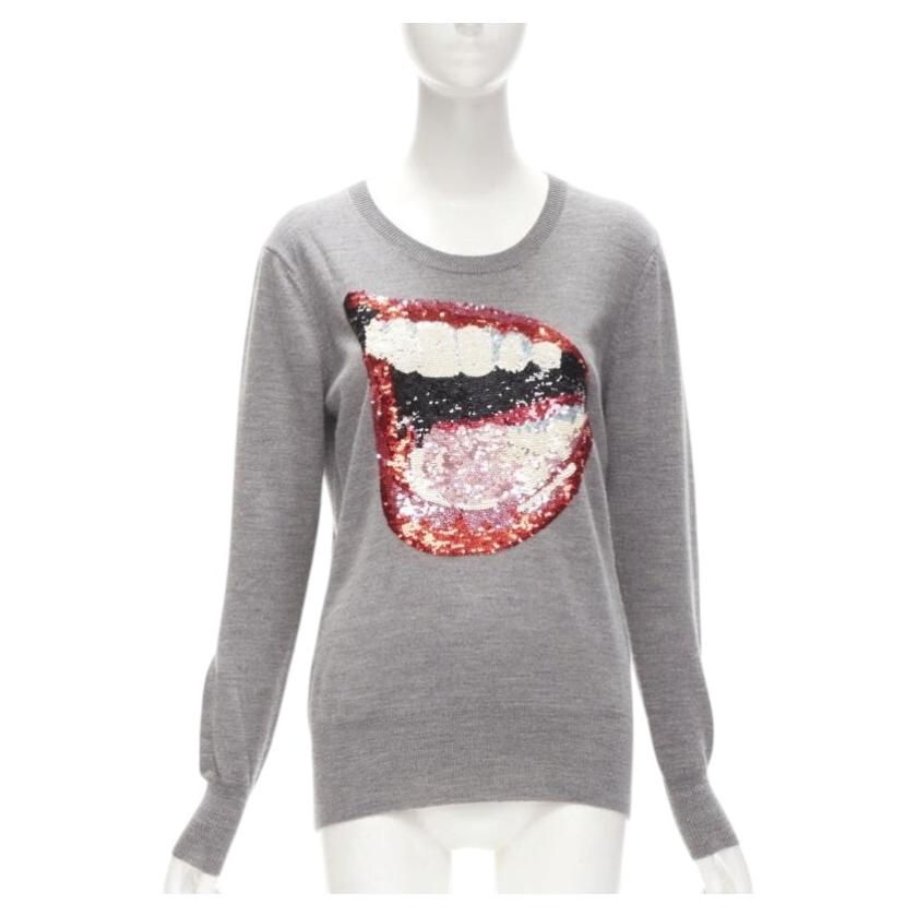 Pull à sequins MARKUS LUPFER gris à lèvres rouges en maille, taille S