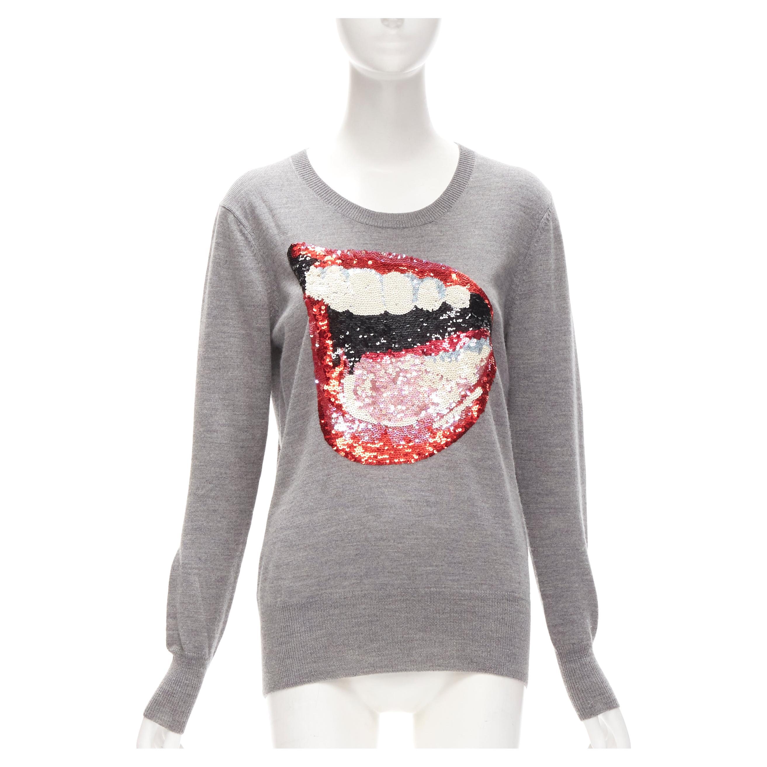MARKUS LUPFER grey knit red lips sequins sweater S For Sale