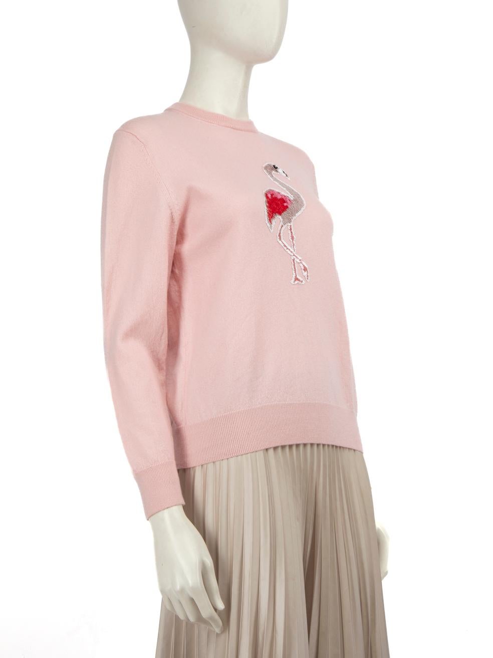 CONDITION is Very good. Minimal wear to the jumper is evident. Light mark on the inside of the left cuff and missing sequins to the wing of the flamingo on this used Markus Lupfer designer resale item.
 
 Details
 
 
 Pink
 
 Merino wool
 
 Jumper
