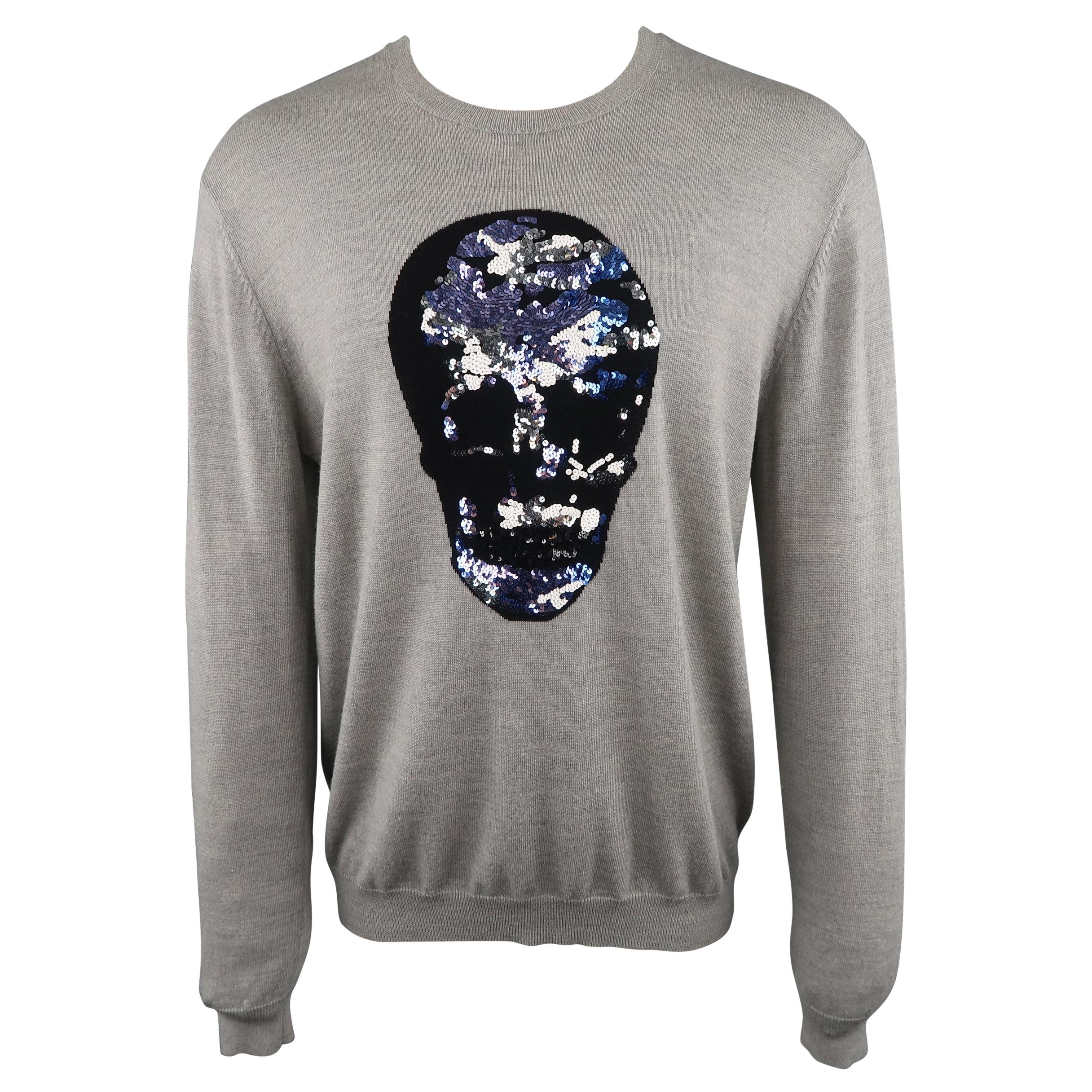 MARKUS LUPFER Size L Gray Sequin Skull Merino Wool Pullover Sweater