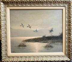 "Coastal Landscape with Three Ducks in Flight" Dutch Landscape Oil Painting