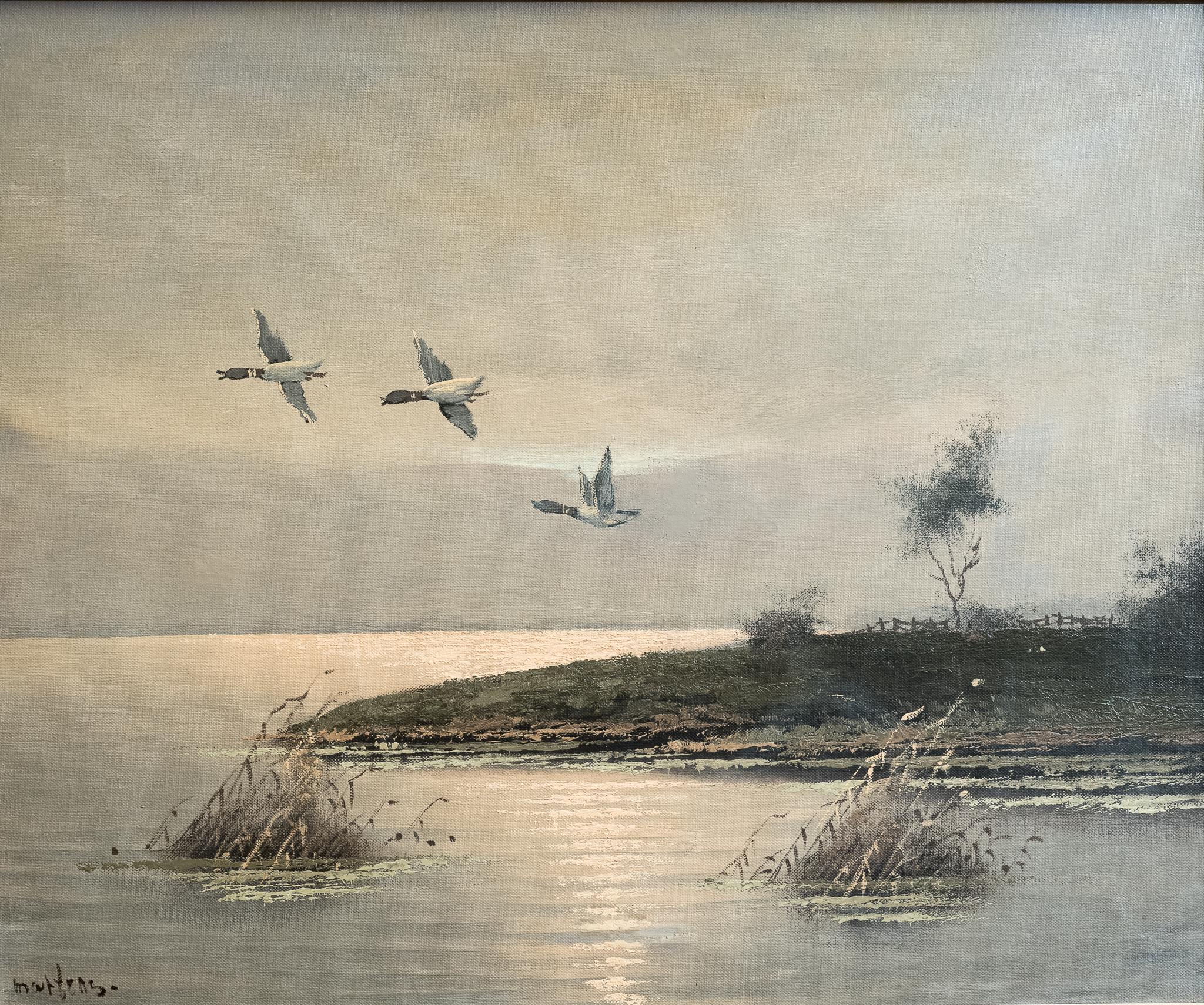 Marl Martens Landscape Painting – "Küstenlandschaft mit drei Enten im Flug" Niederländische Landschaft Ölgemälde