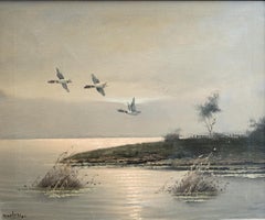 "Küstenlandschaft mit drei Enten im Flug" Niederländische Landschaft Ölgemälde