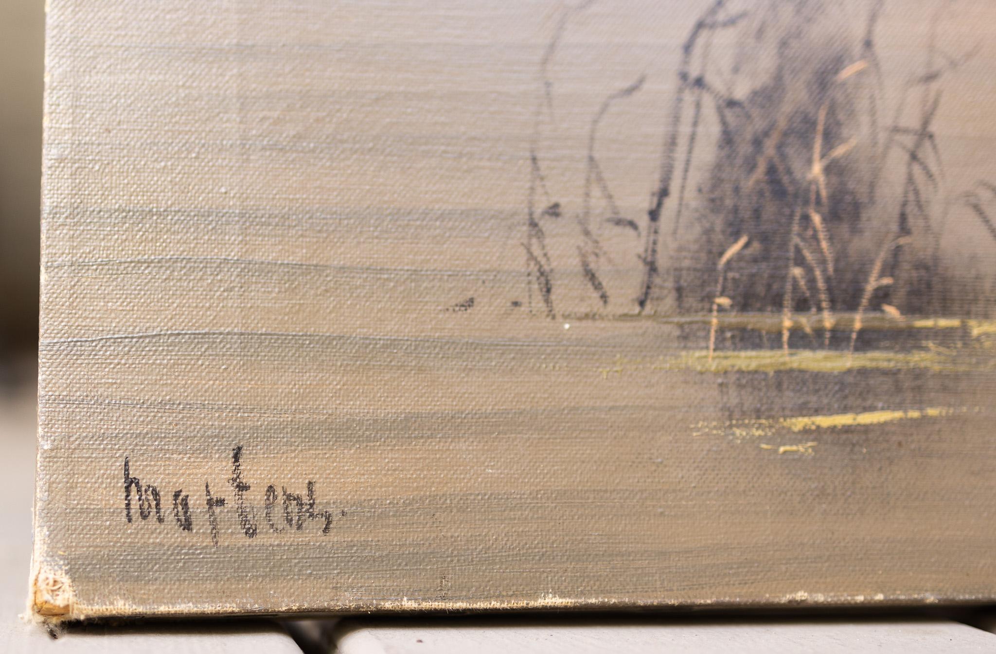Stormo di anatre in volo su un lago - Painting di Marl Martens