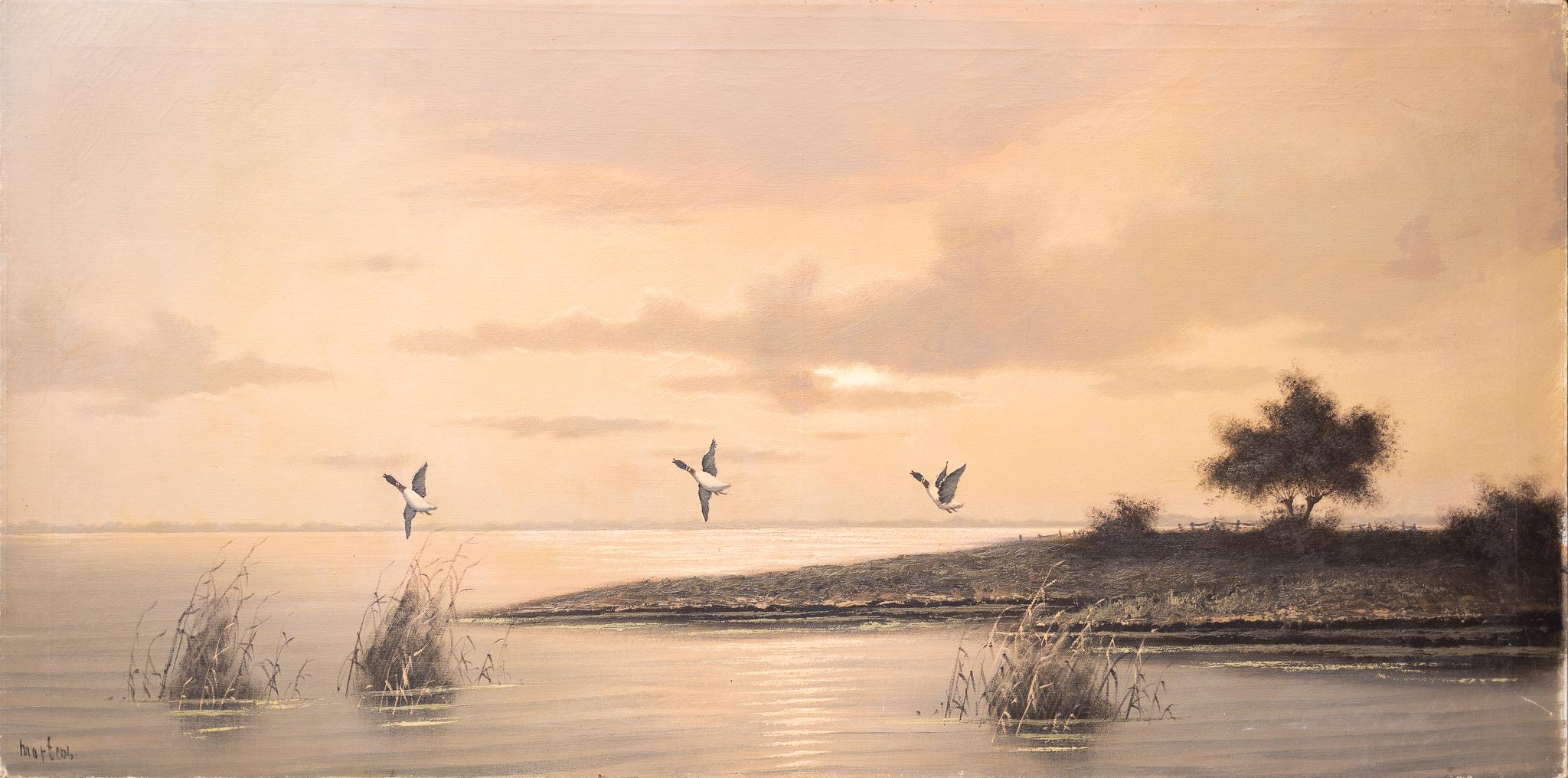Landscape Painting Marl Martens - Horloge de canards volant au-dessus d'un lac