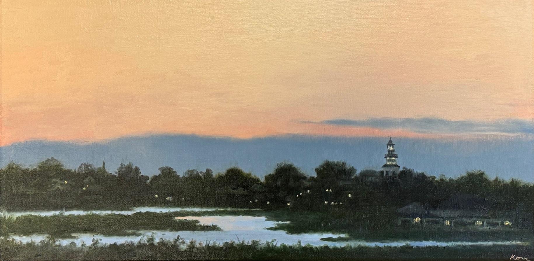 Marla Korr Landscape Painting – Abenddämmerung, Blick auf die Townes von den Creeks aus