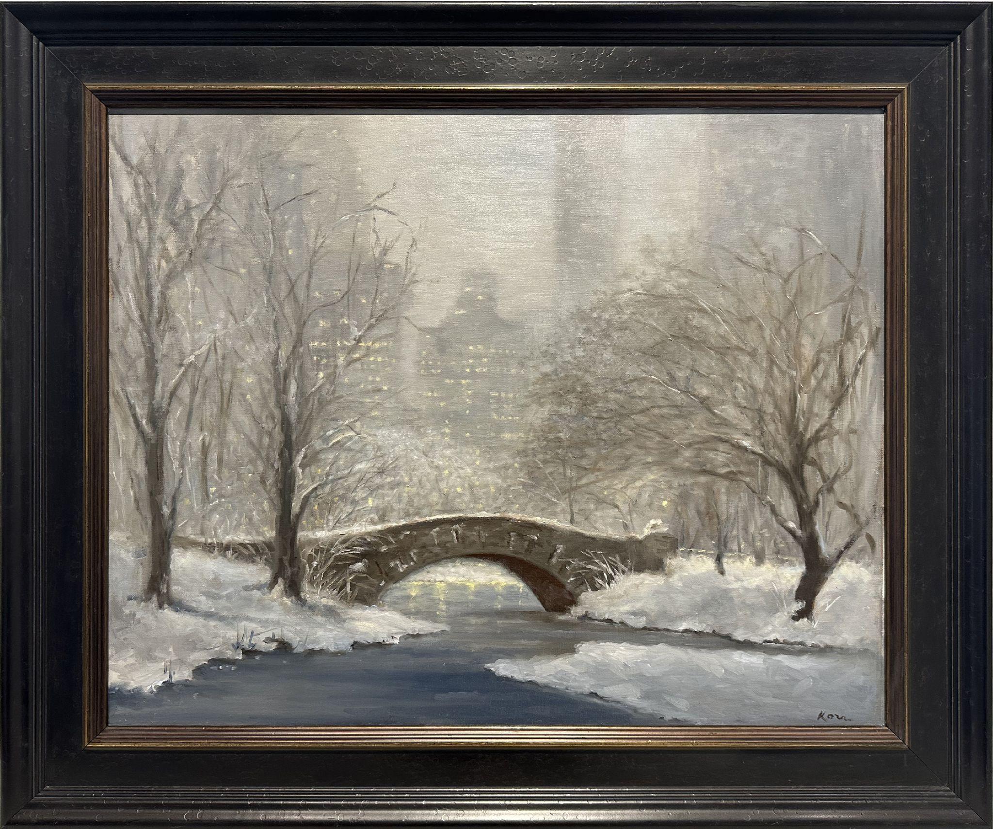 Il ponte di Gapstow al crepuscolo con la neve - Painting di Marla Korr