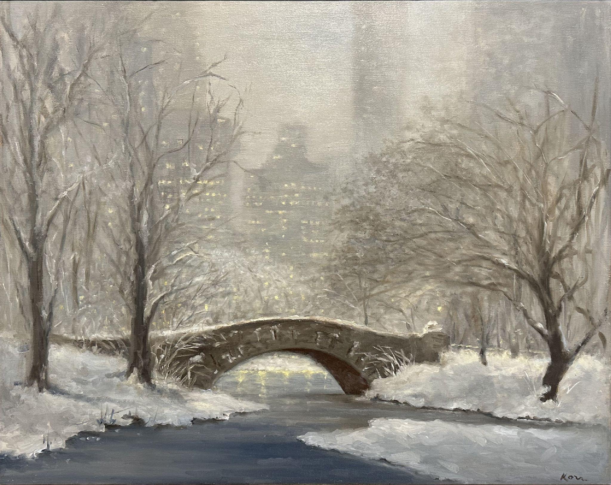 Landscape Painting di Marla Korr - Il ponte di Gapstow al crepuscolo con la neve