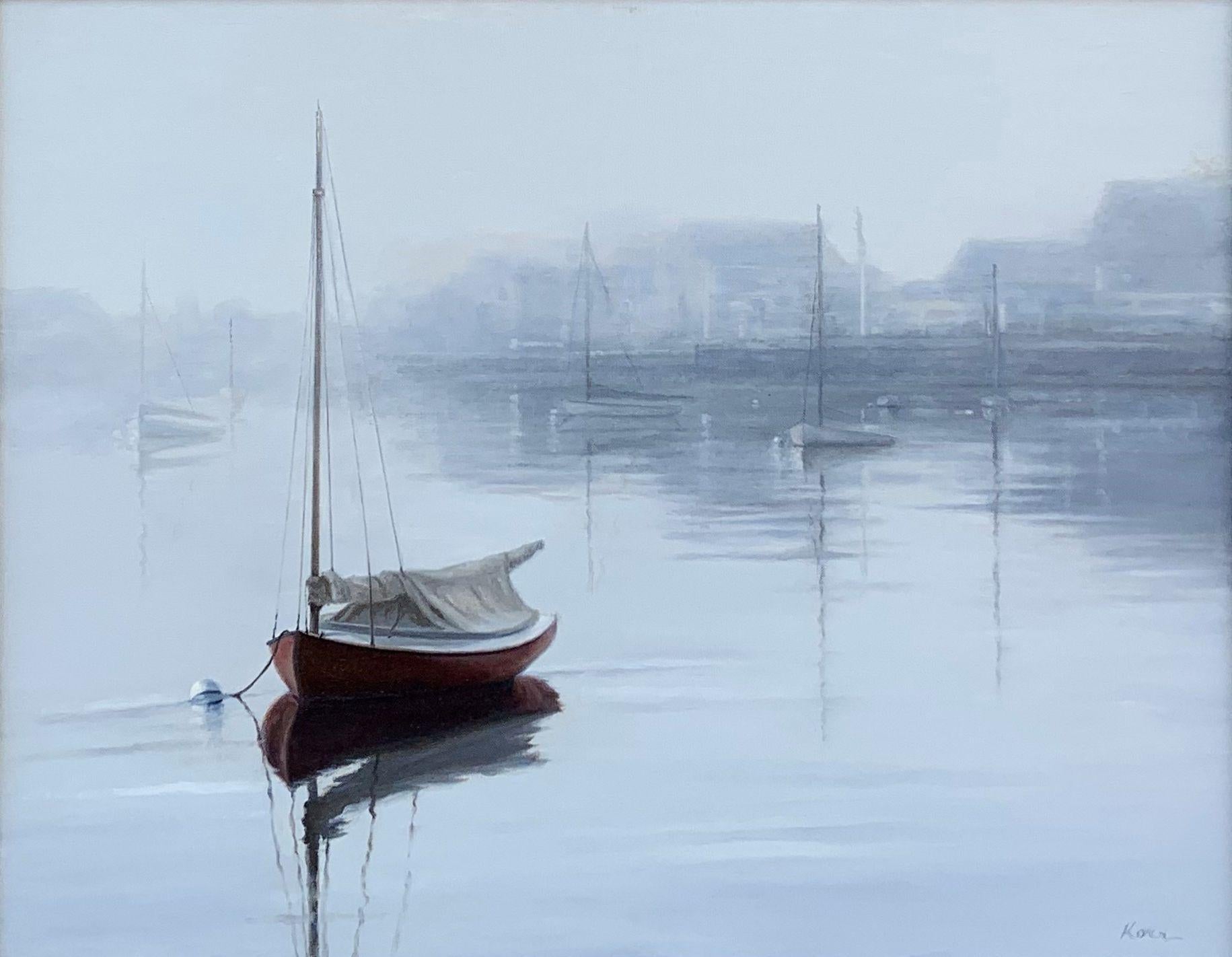 Marla Korr Landscape Painting - Red Boat in Fog
