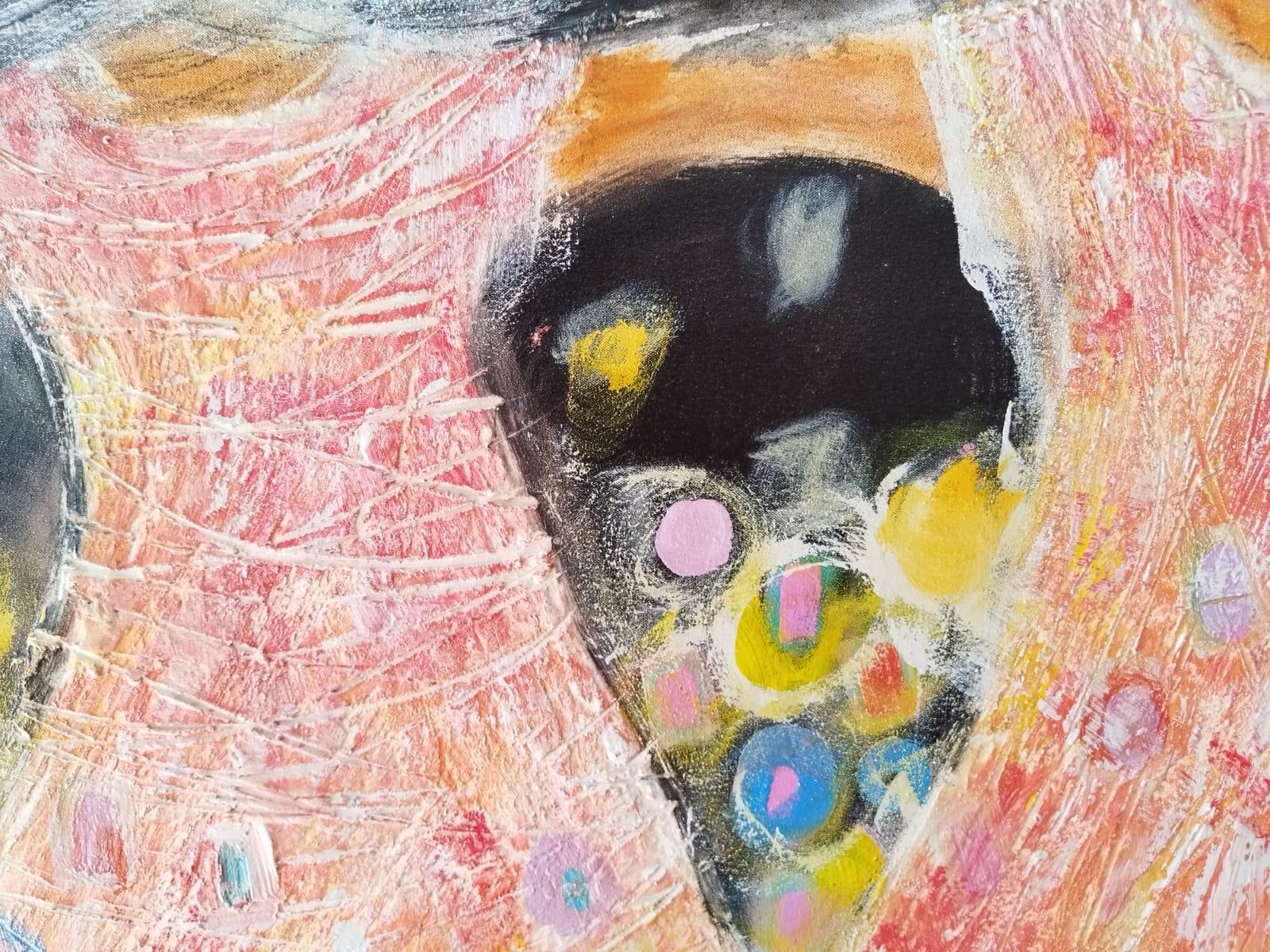 Grande pittura ad olio figurativa astratta e colorata 