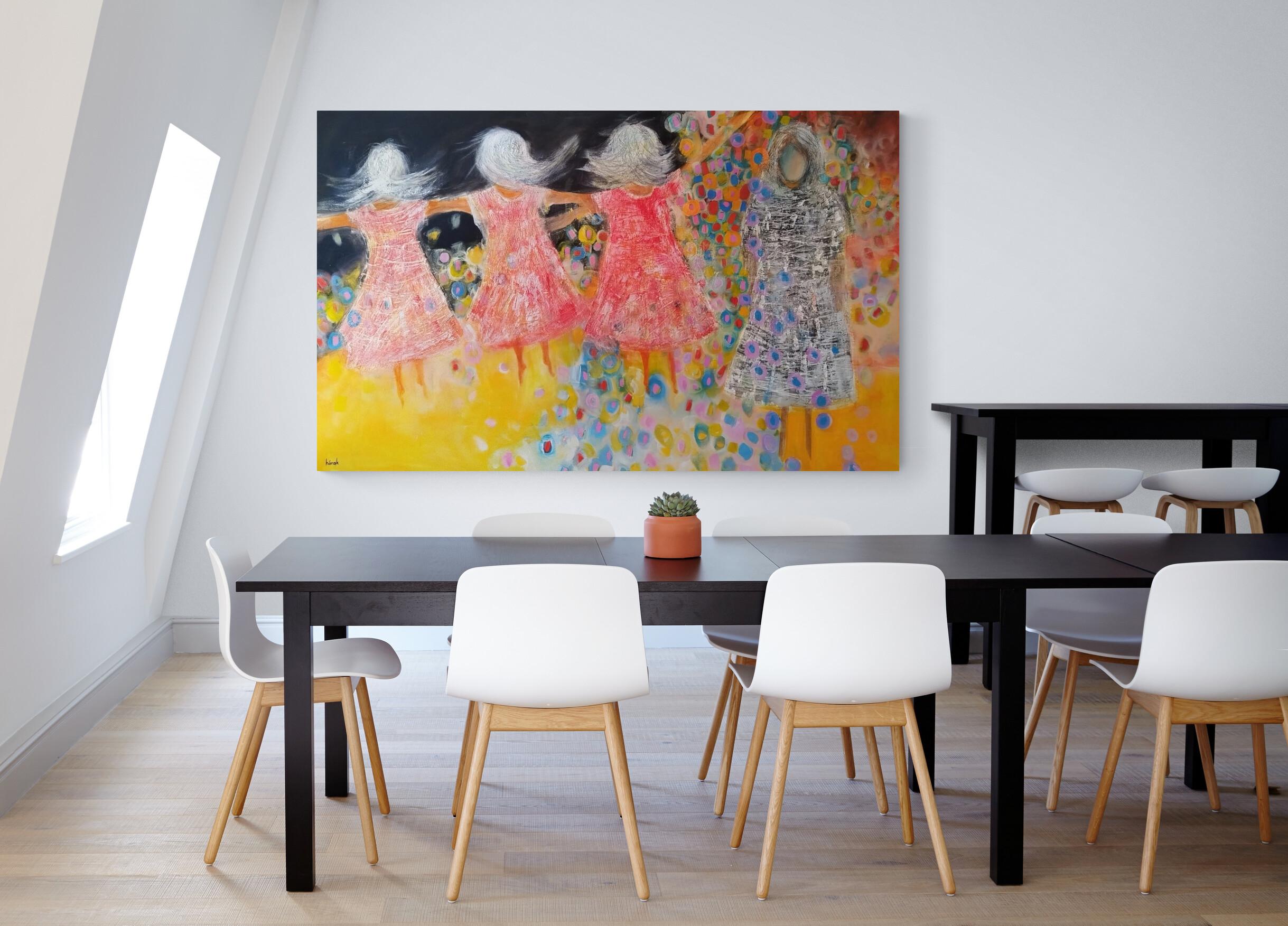 Grande pittura ad olio figurativa astratta e colorata 