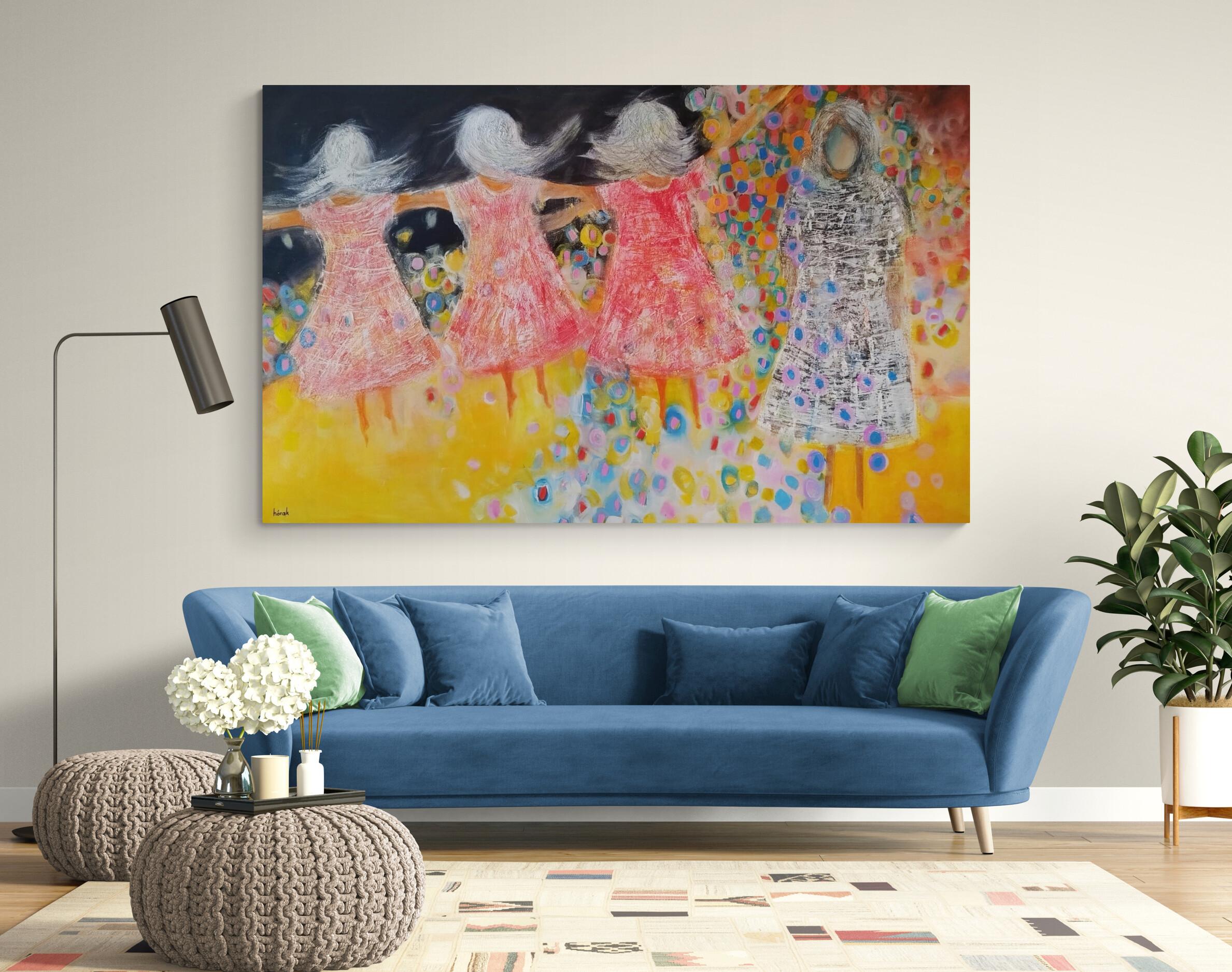 Grande pittura ad olio figurativa astratta e colorata 