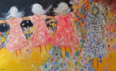 Grande pittura ad olio figurativa astratta e colorata "Fun in the Sun" (Divertimento al sole)