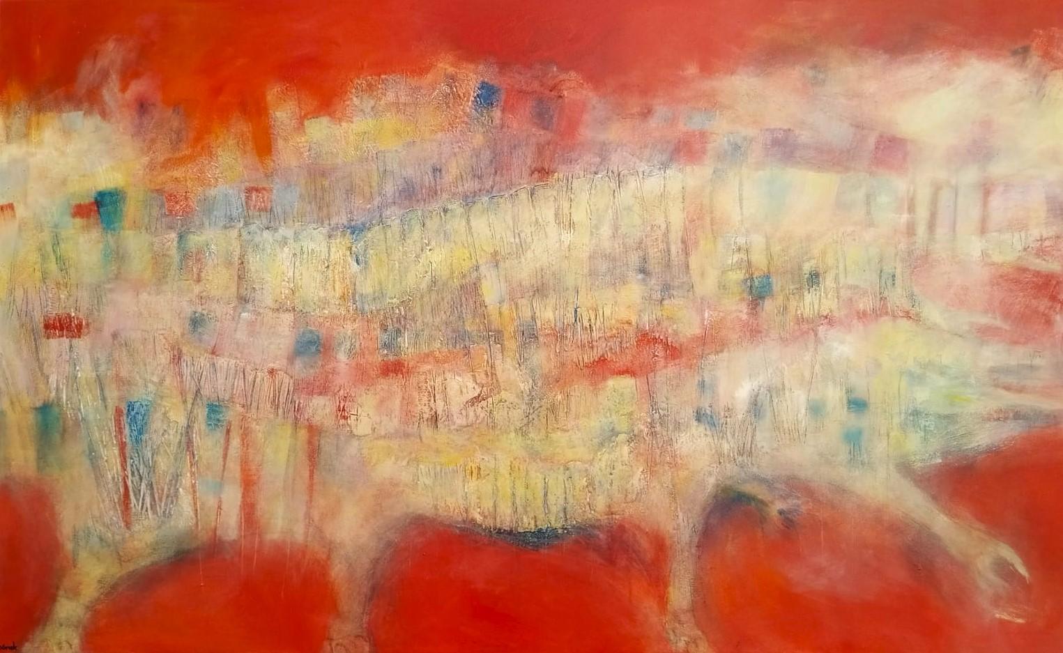 Marlena Hórak Abstract Painting - Large Red Abstract Textured Oil Painting "Origins"