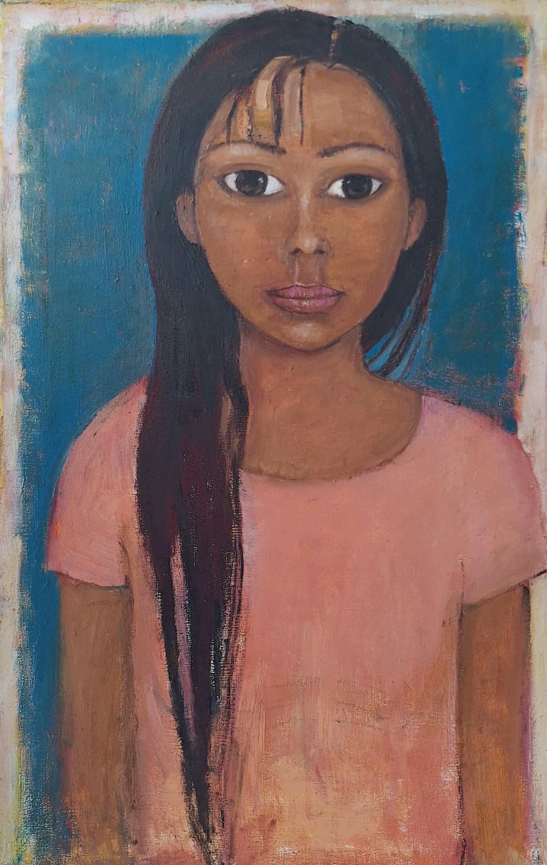 Ein Mädchen - XXI Jahrhundert, Öl figurative Malerei, Rosa und Teal