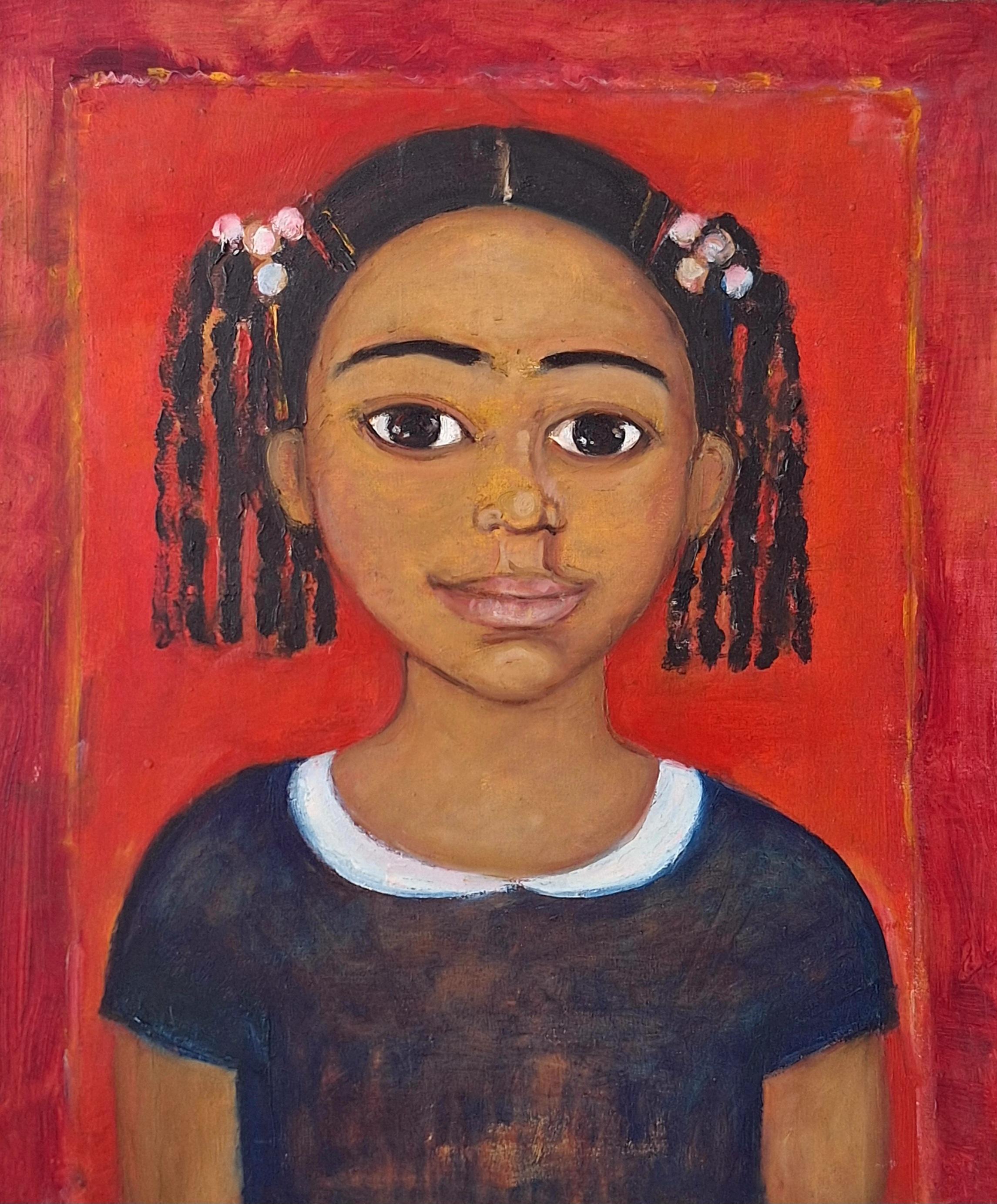 Ein Mädchen - XXI Jahrhundert, Öl figurative Malerei, Rot