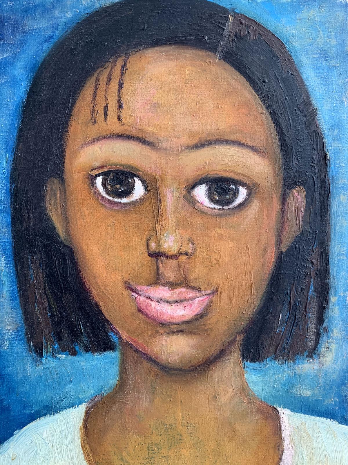 Portrait - Peinture à l'huile figurative, bleu, tons chauds, gros yeux - Painting de Marlena Nizio