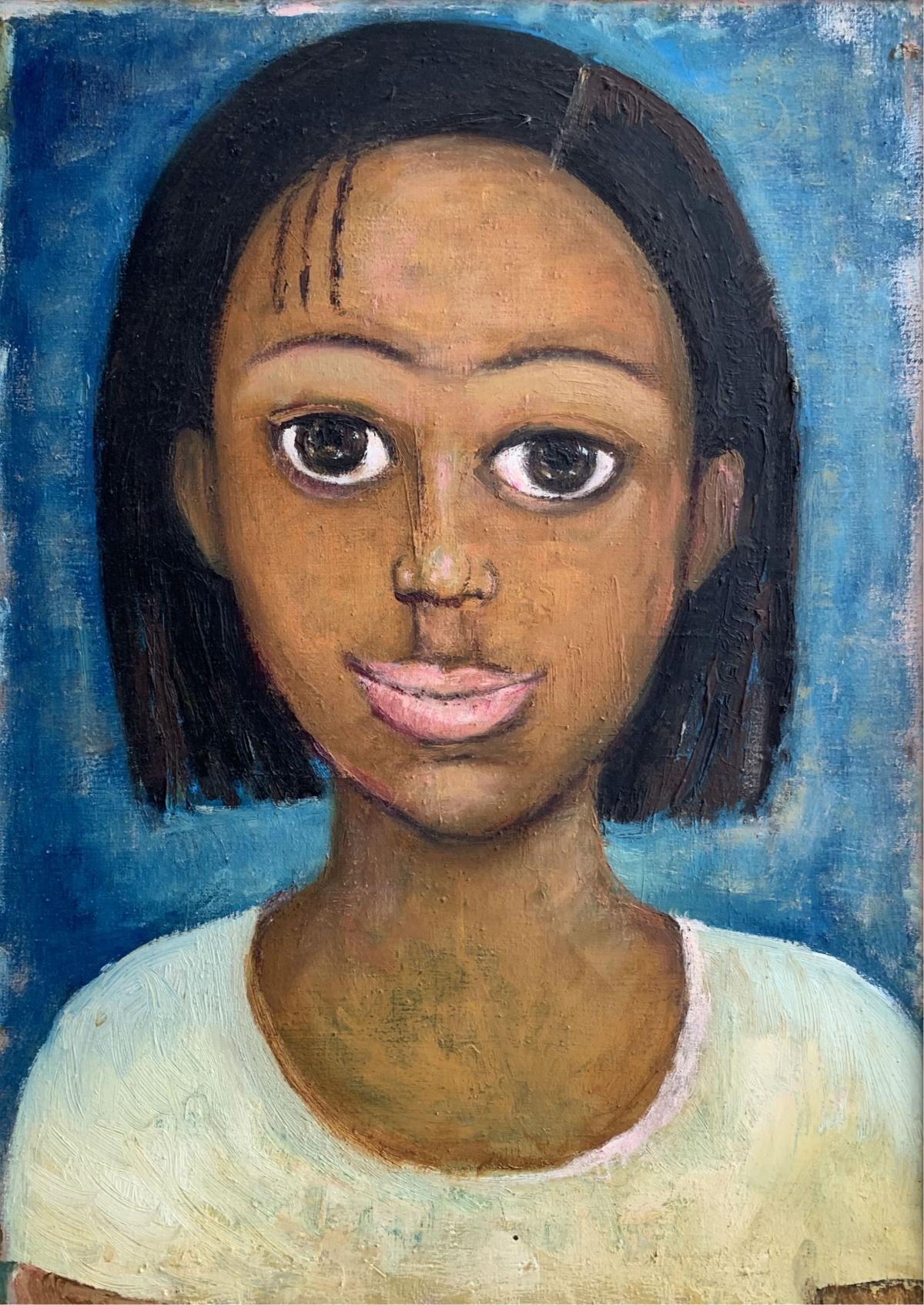 Figurative Painting Marlena Nizio - Portrait - Peinture à l'huile figurative, bleu, tons chauds, gros yeux