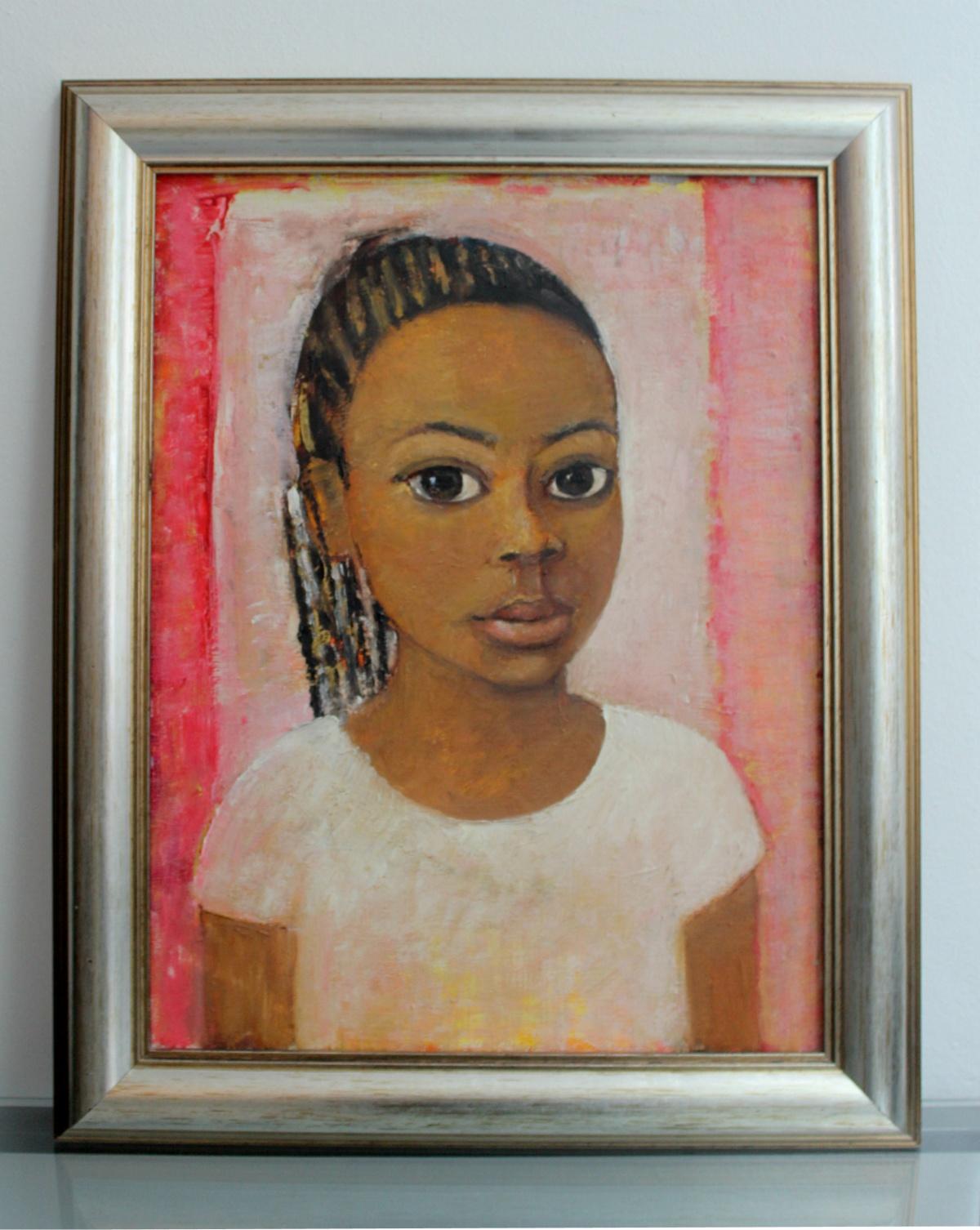 Portrait - XXI century, Oil figurative painting, Pink, Warm tones, Big eyes - Painting by Marlena Nizio