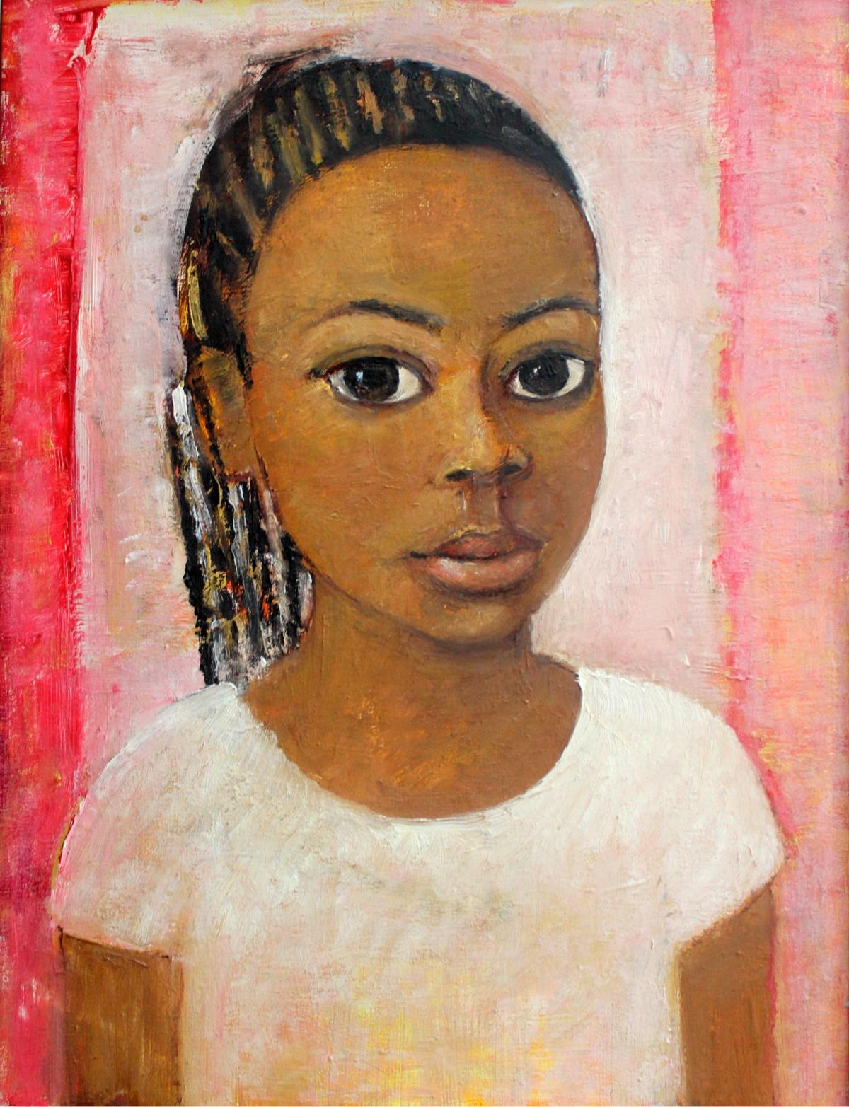 Marlena Nizio Figurative Painting - Portrait - XXI century, Oil figurative painting, Pink, Warm tones, Big eyes