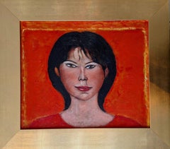 Teresa - XXI century, Oil figurative painting, Pink and Teal