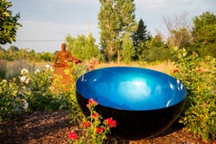 Vintage Singing Bowl Cerulean Sky Large - outdoor steel sculpture in blue & red