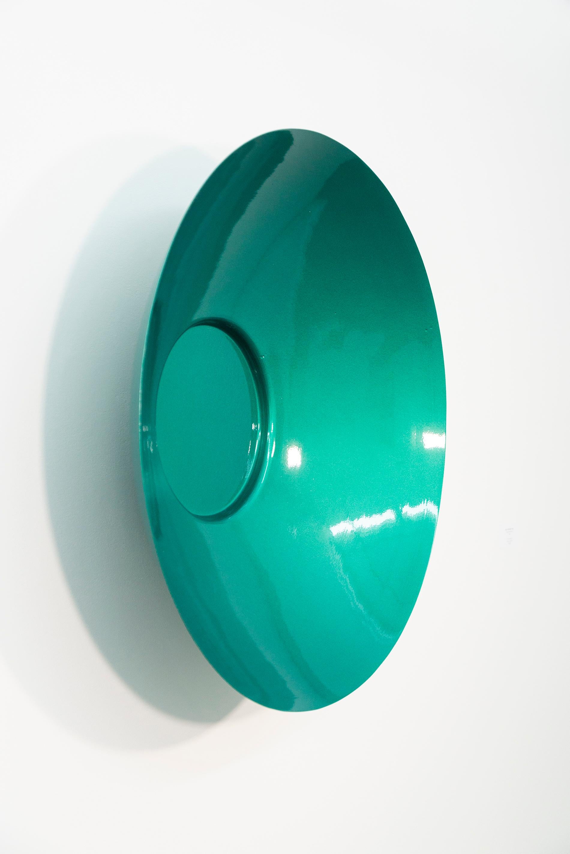 Singing Vessel Quetzal Green 32- circular, contemporary, steel wall sculpture For Sale 3