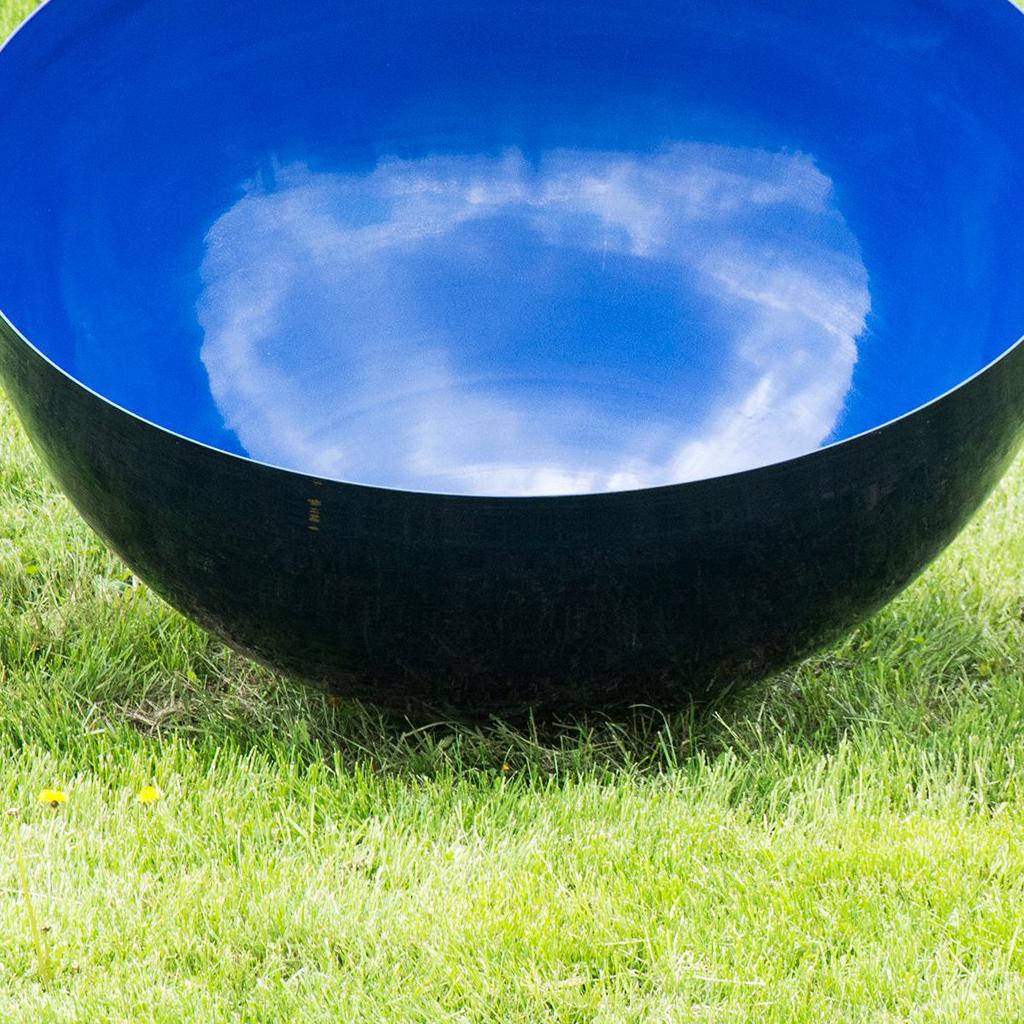 Singing Bowl Ultramarine Sky Large - painted stainless steel garden sculpture - Green Abstract Sculpture by Marlene Hilton Moore
