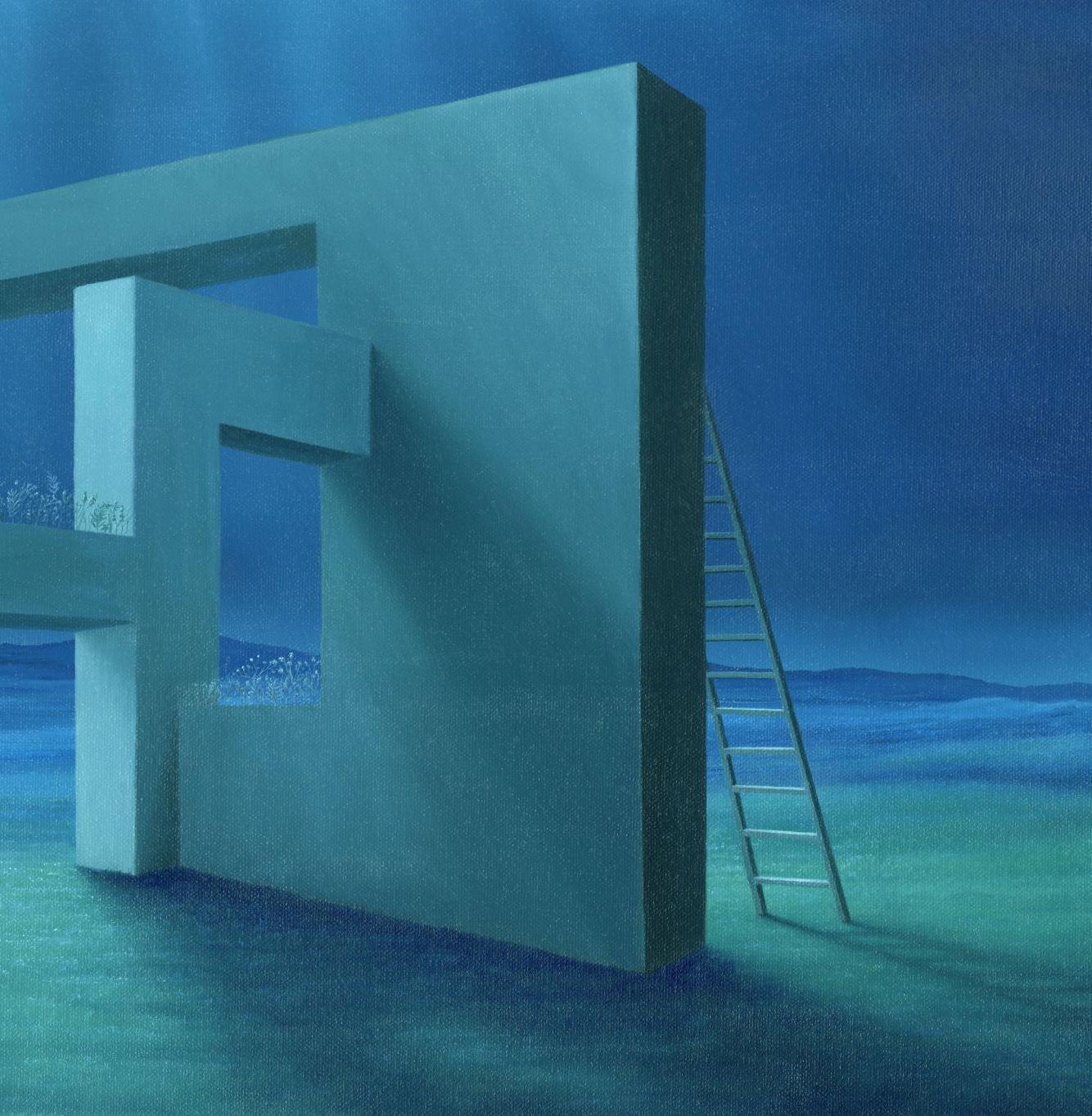 Impossible Walls, peinture à l'huile bleue originale contemporaine surréaliste<unk> en vente 1