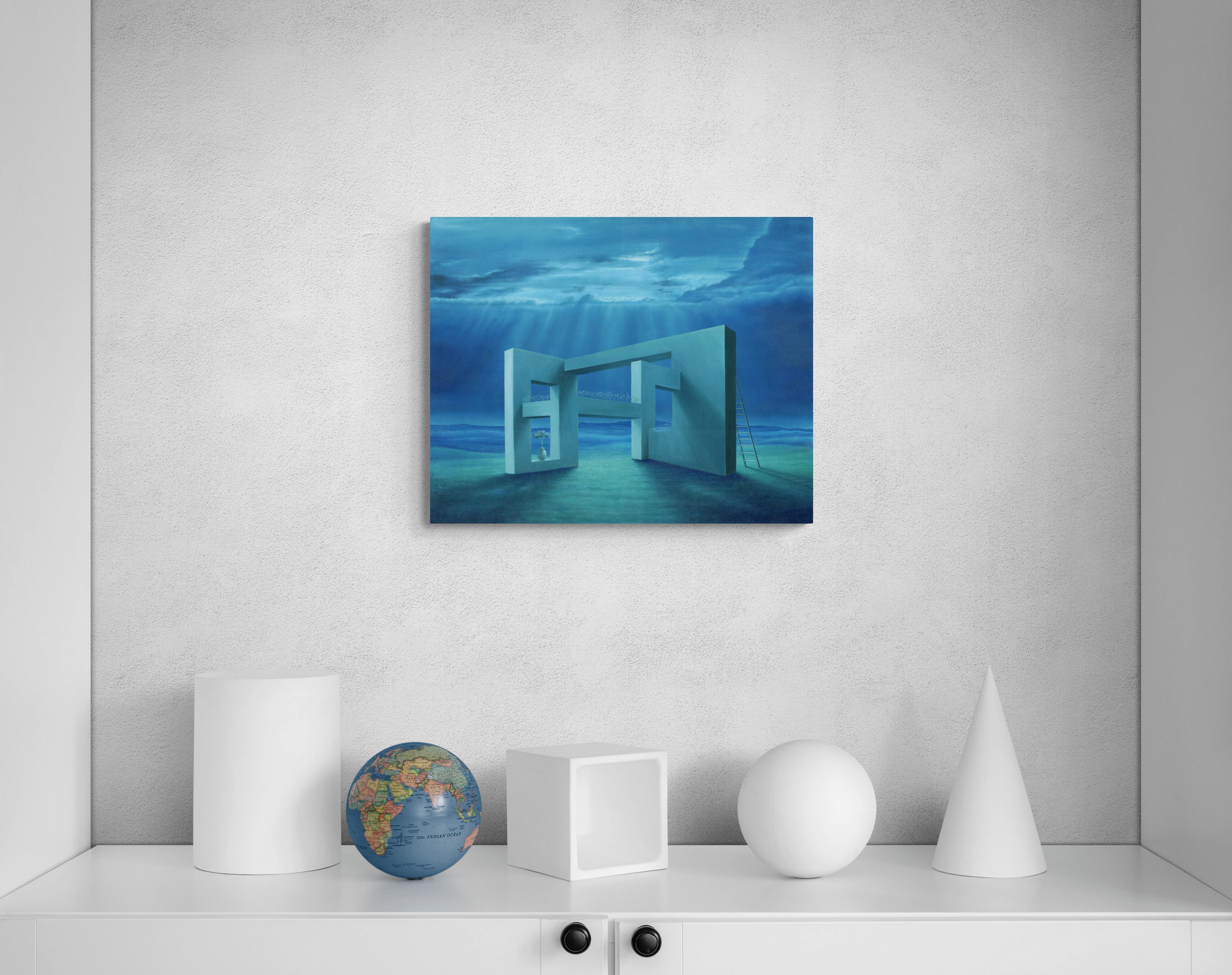 Impossible Walls, Original Contemporary Surrealist Blue Oil Painting For Sale 2
