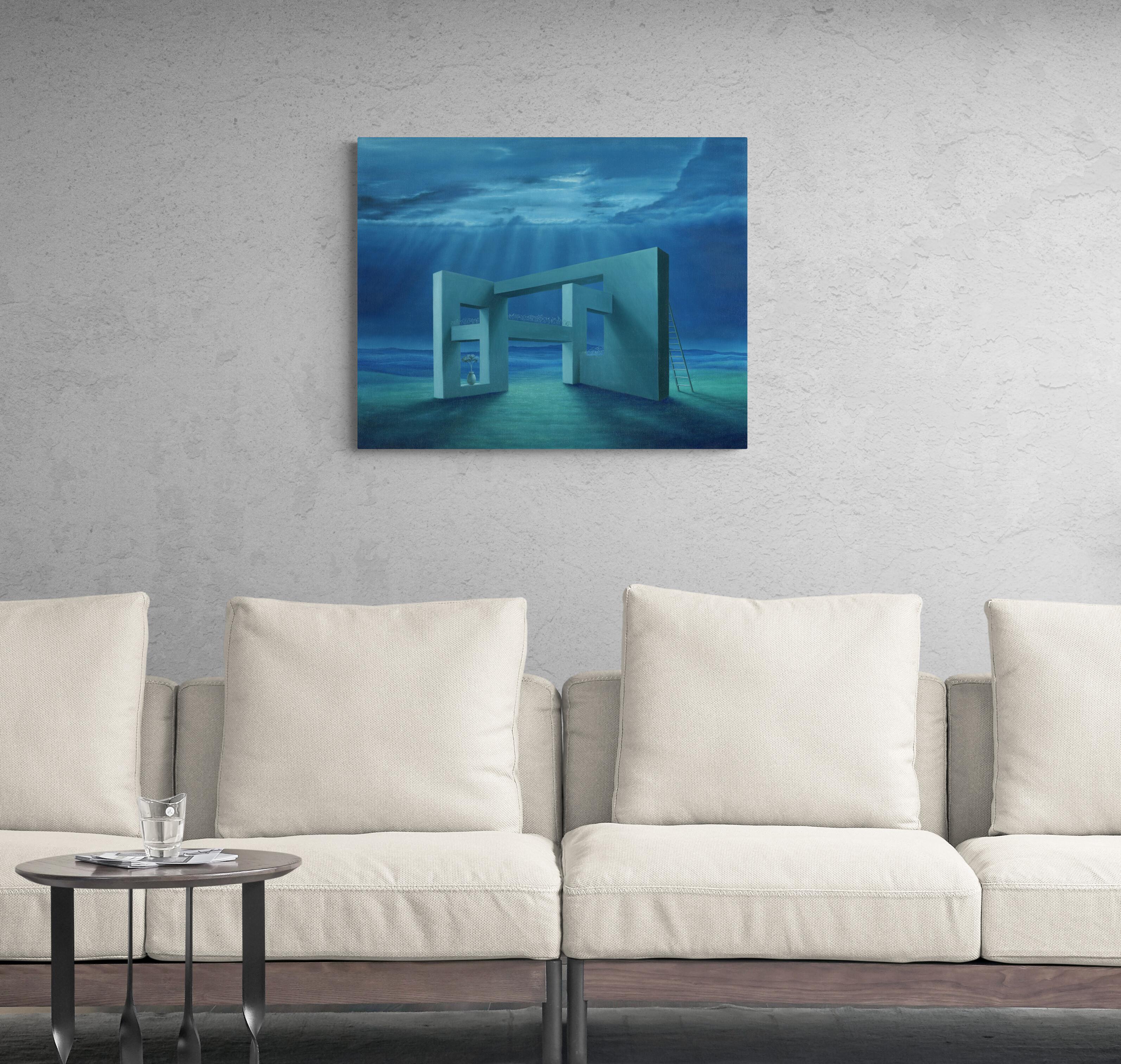 Impossible Walls, Original Contemporary Surrealist Blue Oil Painting For Sale 3