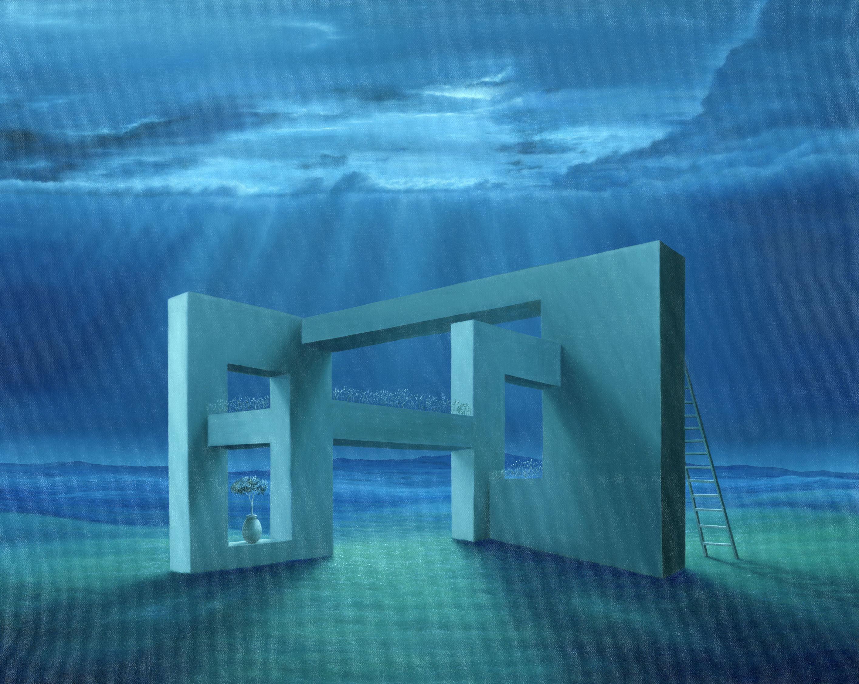 Impossible Walls, Original Contemporary Surrealist Blue Oil Painting