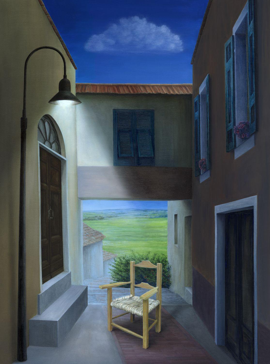 This painting was inspired by the streets of Valloria, Italy. This town is famous for its painted doors. Artists from all over the world have painted many of its doors transforming this town into an outdoor museum. I was invited to paint one of