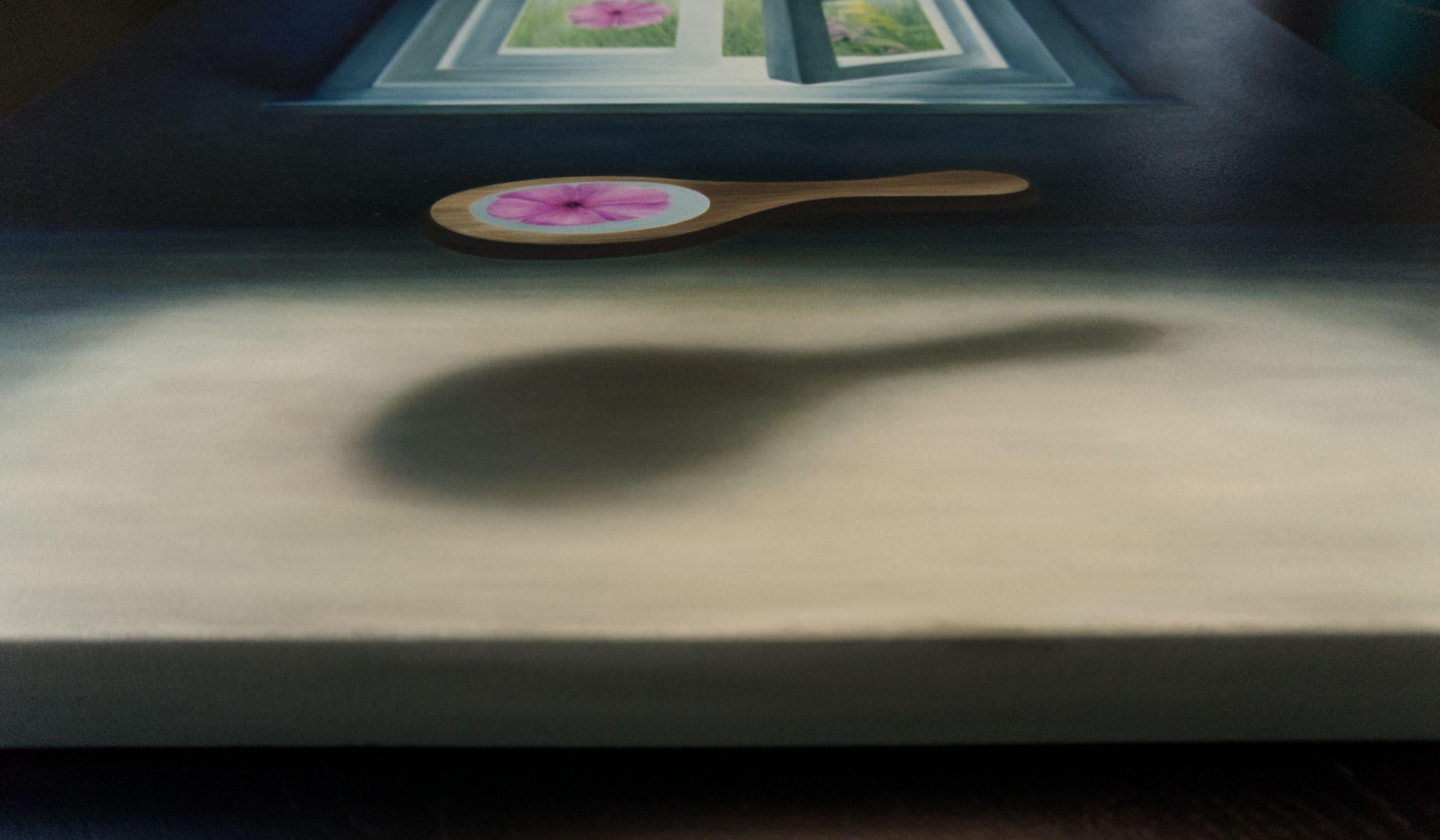 Pervinca rosa vinca fiore selvatico surreale giorno notte, Pittura, Olio su tela in vendita 1