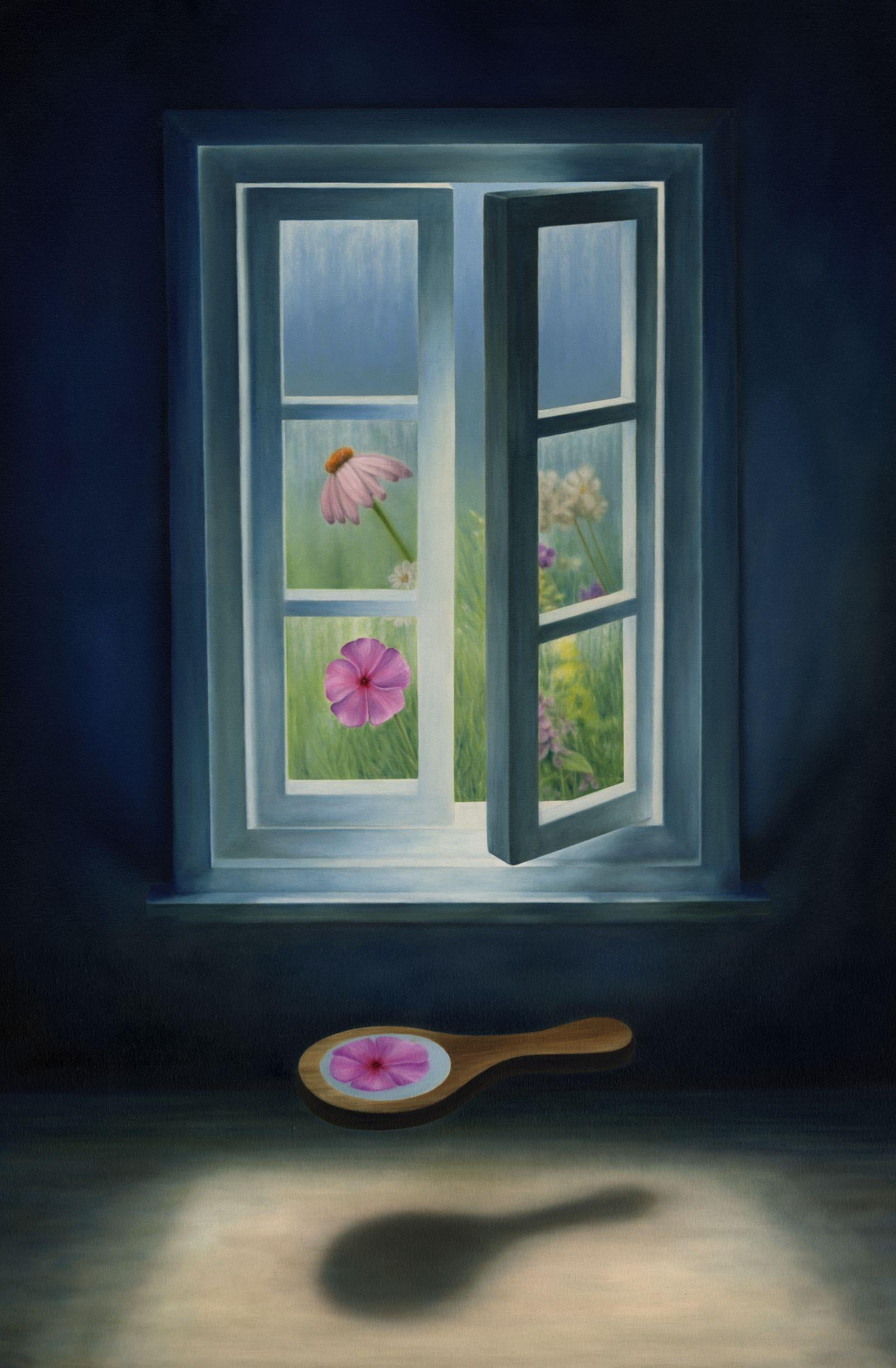 Pervinca rosa vinca fiore selvatico surreale giorno notte, Pittura, Olio su tela - Painting di Marlene Llanes