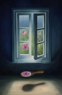 Pink Periwinkle vinca wildflower surreal day night, Painting, Oil on Canvas