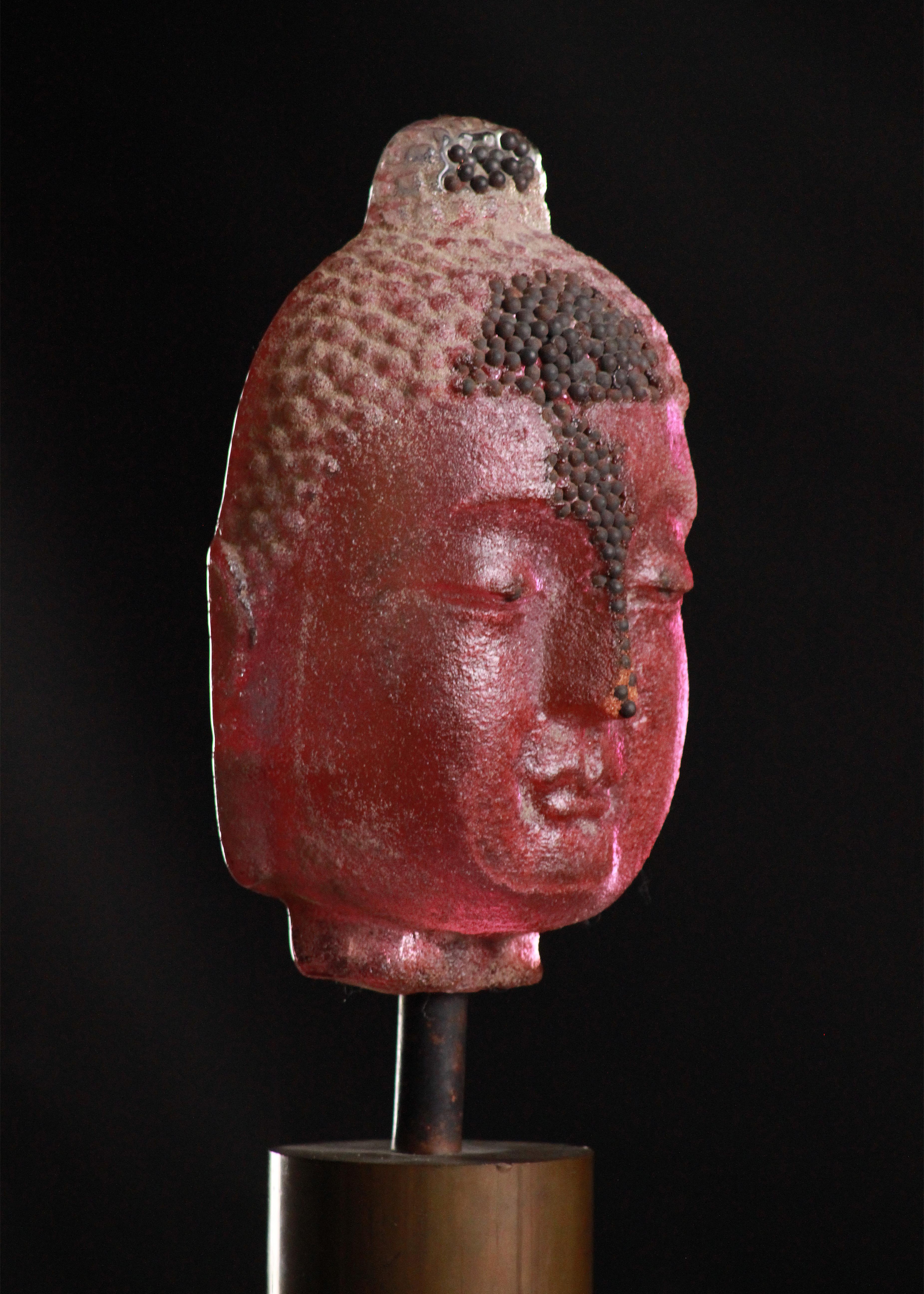 Marlene Rose (b. 1967) Head of Buddha, 2004 Sand Cast Glass and Steel Sculpture In Excellent Condition For Sale In Austin, TX